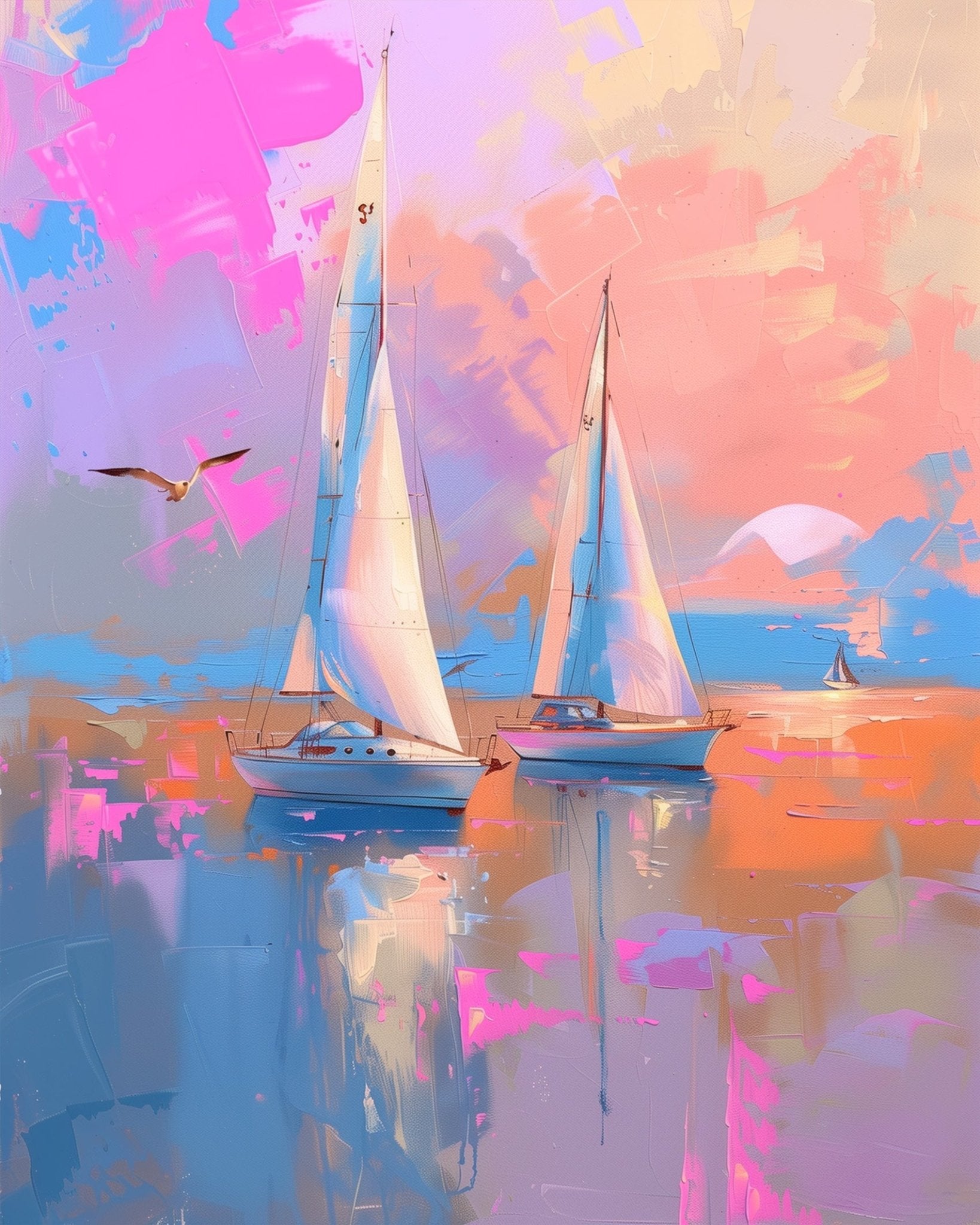 Fixed kit, 24 colors, 12x16in. Dreamy sailboats at sunset. A mindful and artistic experience for creativity and peace.