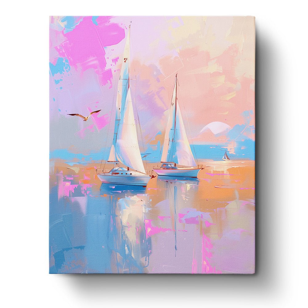 Fixed paint-by-number kit, 24 colors, 16x20in. Peaceful sailboats on calm water at sunset. Perfect for relaxation.