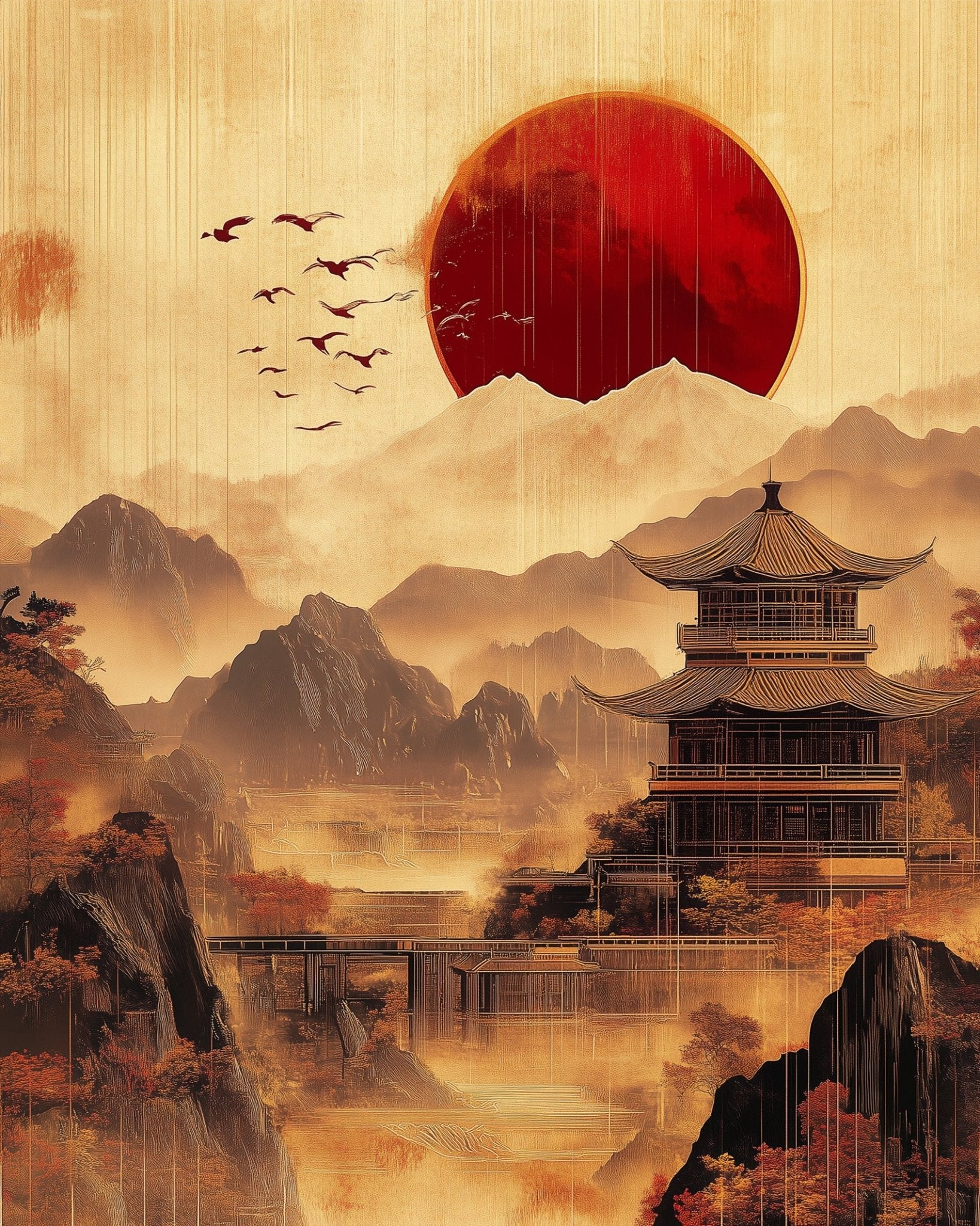 Serene Temple Under Crimson Sun - Asian Art - BestPaintByNumbers - Paint by Numbers Custom Kit