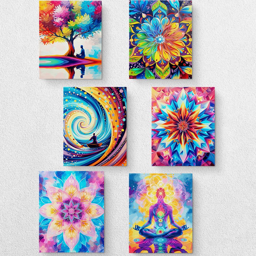 Fixed kit, 24 colors, 16x20in. Vibrant meditative scenes. Promote relaxation and mindfulness.