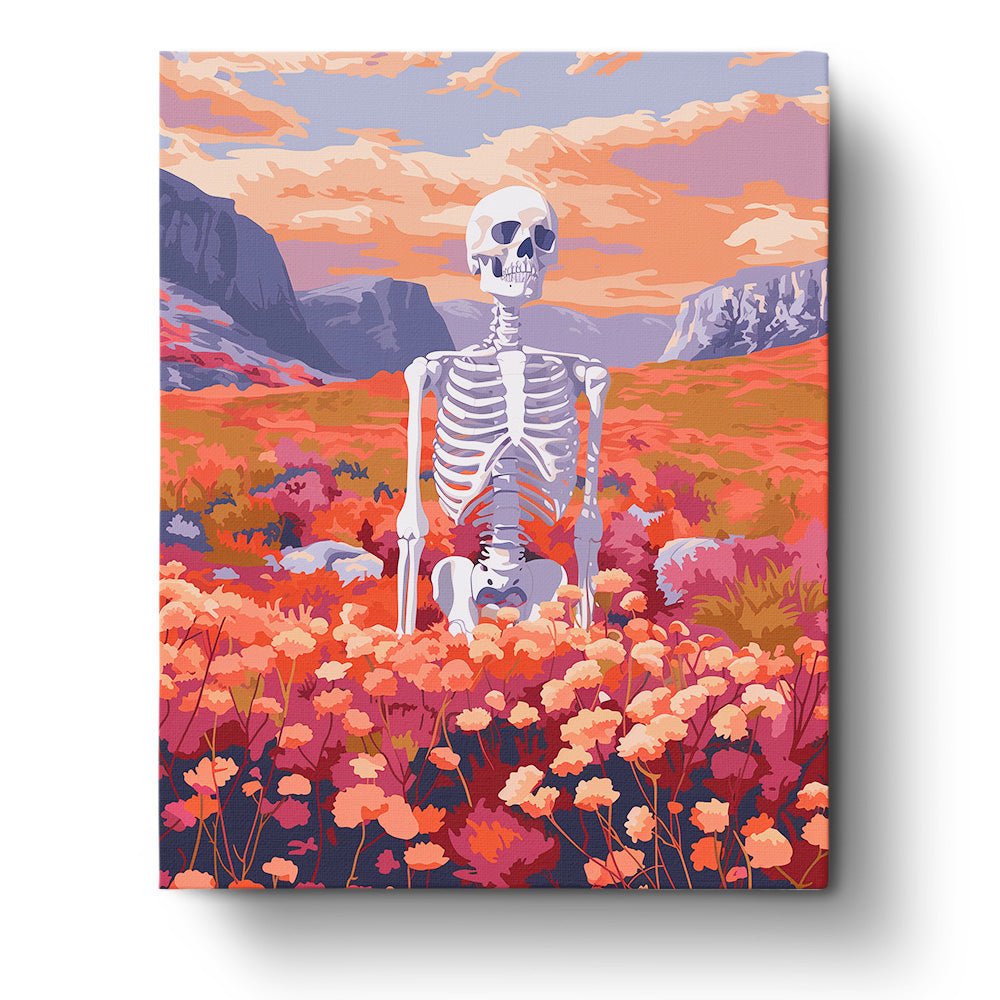 Fixed paint by numbers kit, 24 colors, 16x20in. Skeleton in a vibrant floral field. Perfect for relaxation and art lovers.
