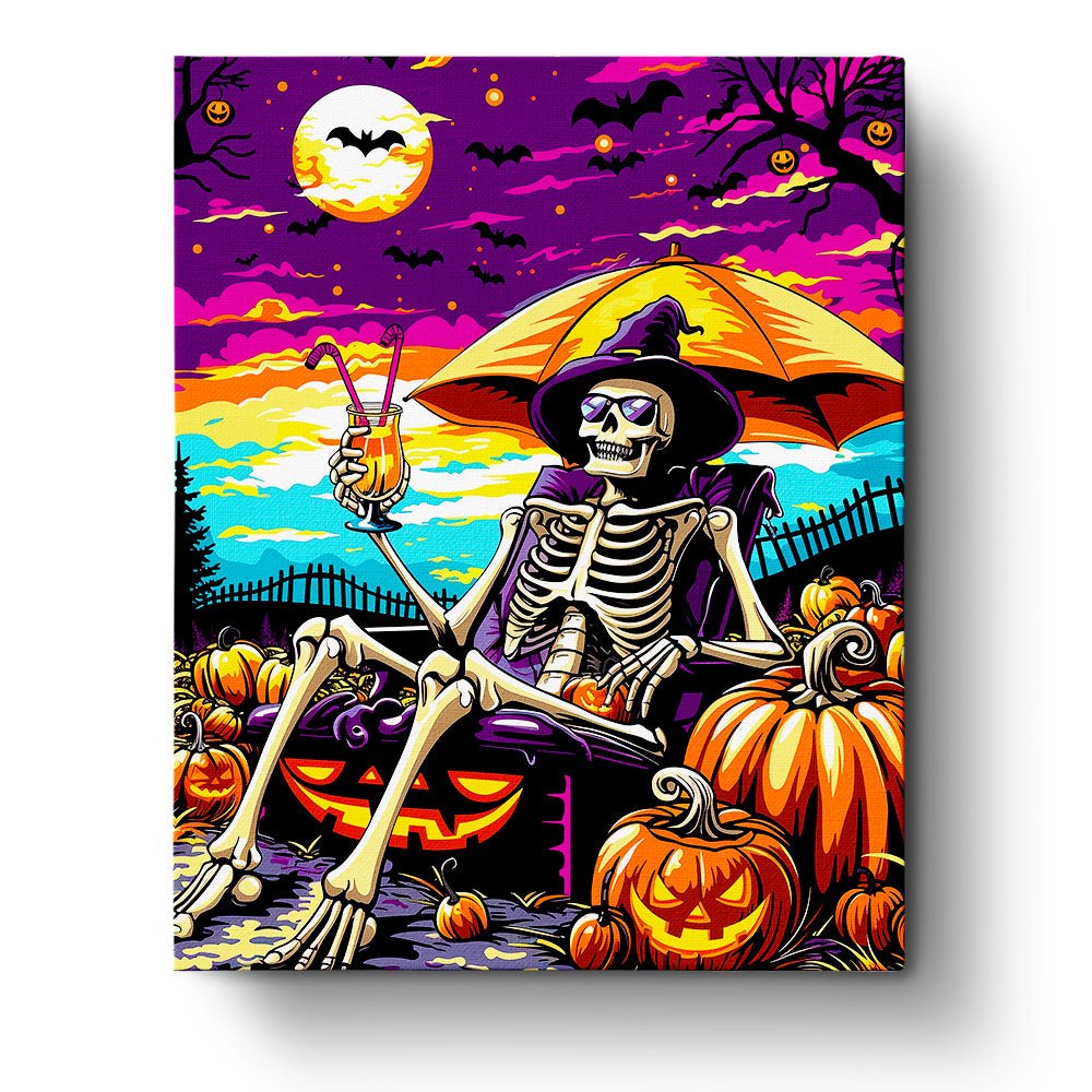 Fixed kit, 24 colors, 16x20in. Skeletons by sunset. Relax with BestPaintByNumbers. Perfect for Halloween fun.