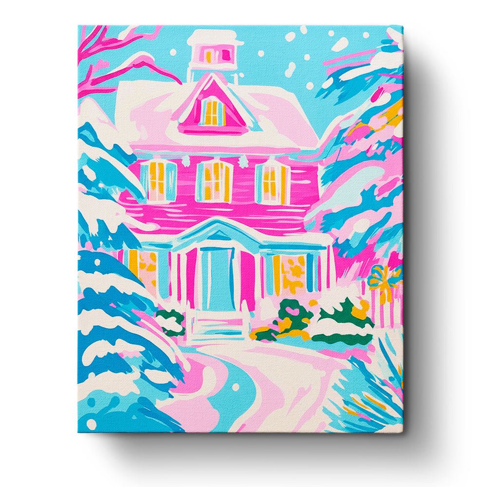 Snowy Pink Cottage - Christmas - BestPaintByNumbers - Paint by Numbers Custom Kit