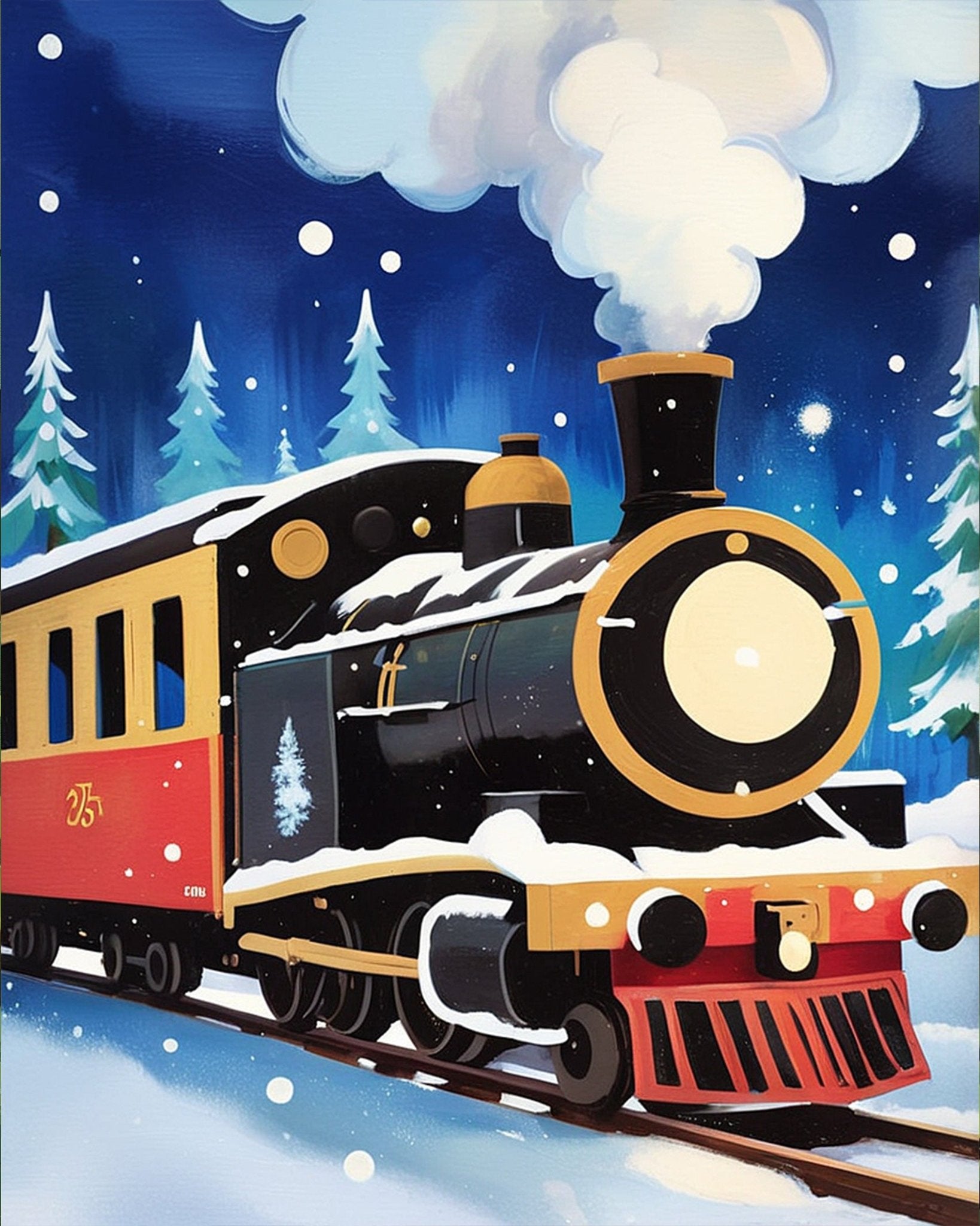 Fixed paint-by-number kit, 24 colors, 12x16in. Snowy train scene with bold strokes. Perfect for relaxing painting fun.