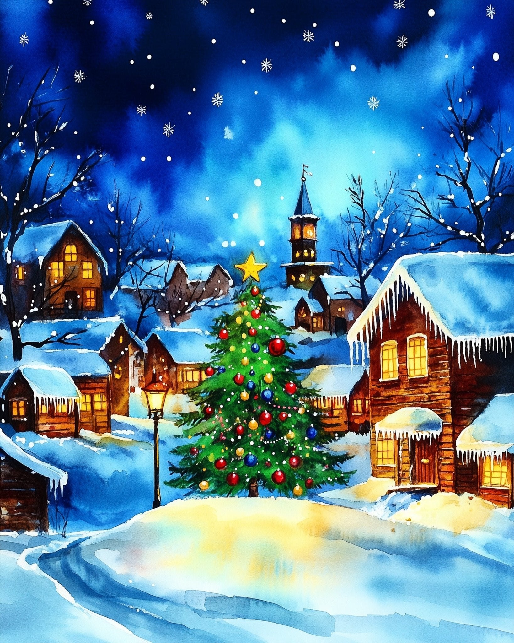 Snowy Village Scene - Christmas - BestPaintByNumbers - Paint by Numbers Custom Kit