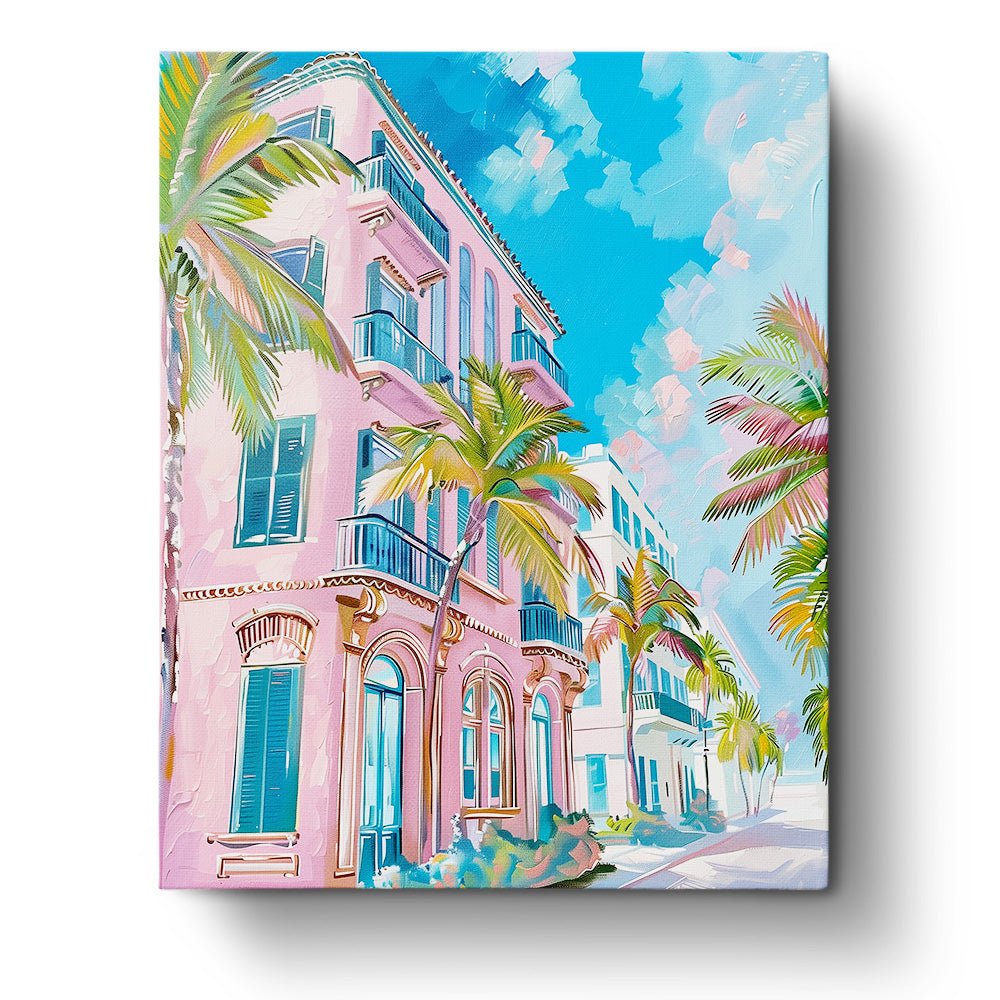 Fixed paint by numbers kit, 24 colors, vibrant Florida street with palm trees for stress relief. BestPaintByNumbers.