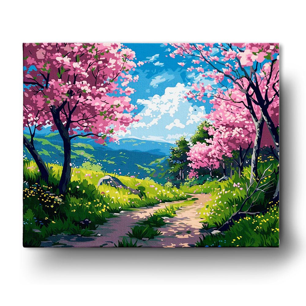 Fixed paint by numbers kit, 24 colors, 16x20in. Blossoming trees in vibrant hues create a serene landscape. Ideal for relaxation.
