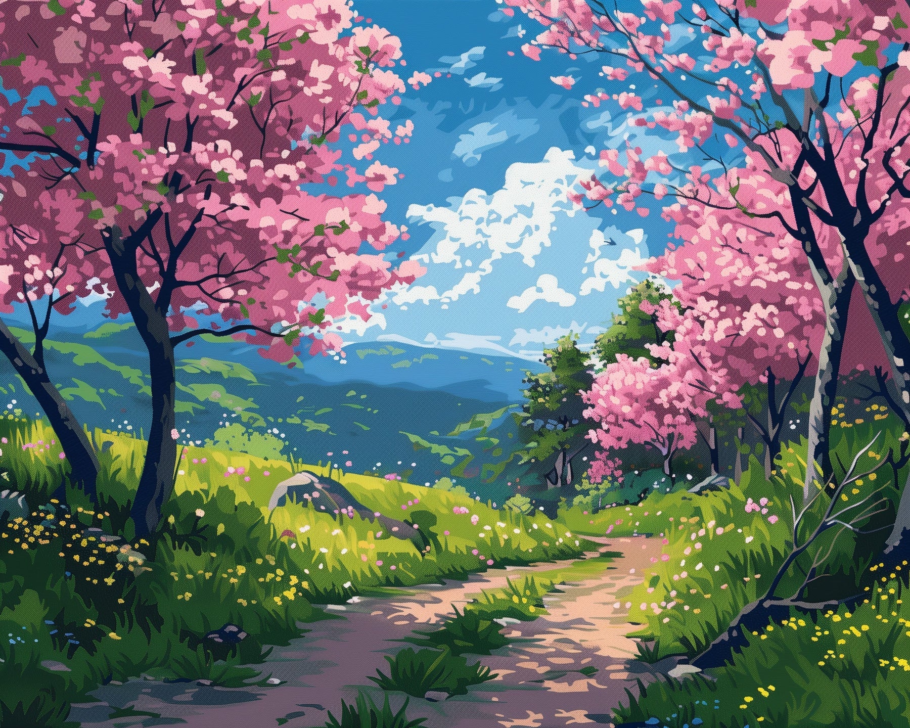 Fixed paint by numbers kit, 24 colors, 12x16in. Pathway through colorful blooming trees. Perfect mindful painting experience.