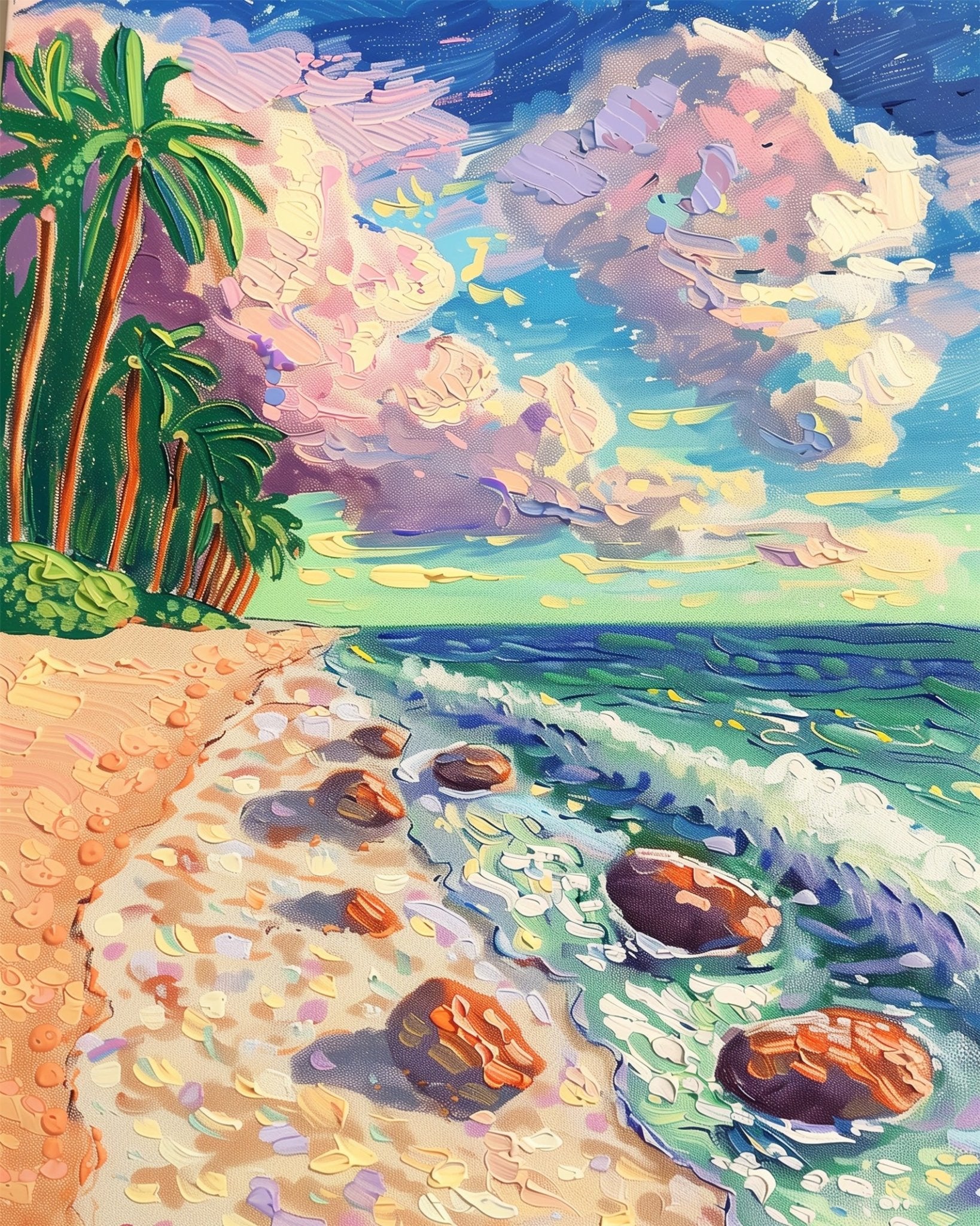 Fixed paint by numbers kit, 24 colors, 12x16in. Serene seaside view with clouds. Ideal for stress relief and art lovers.
