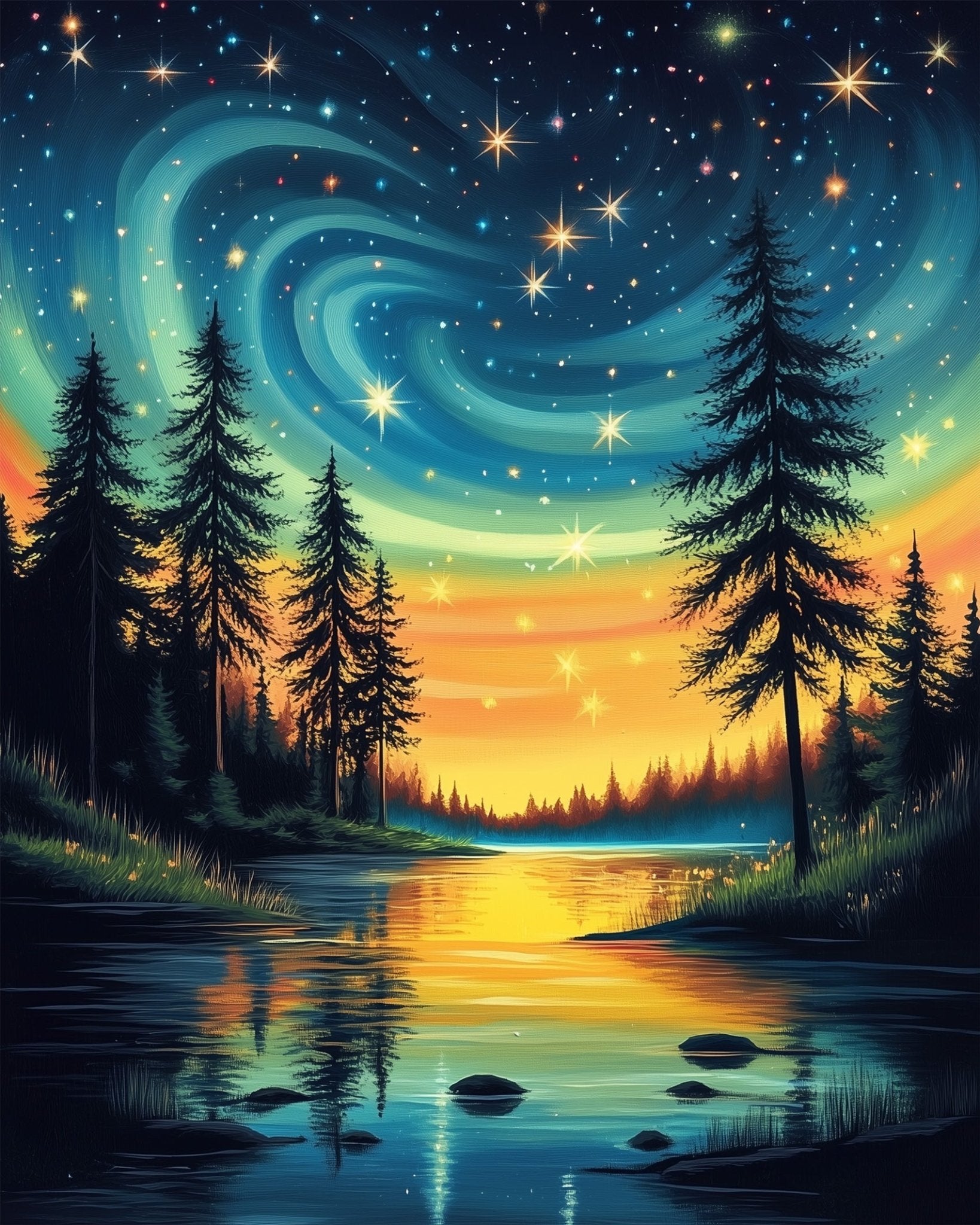 Starlit Forest Reflection - Galaxies - BestPaintByNumbers - Paint by Numbers Custom Kit