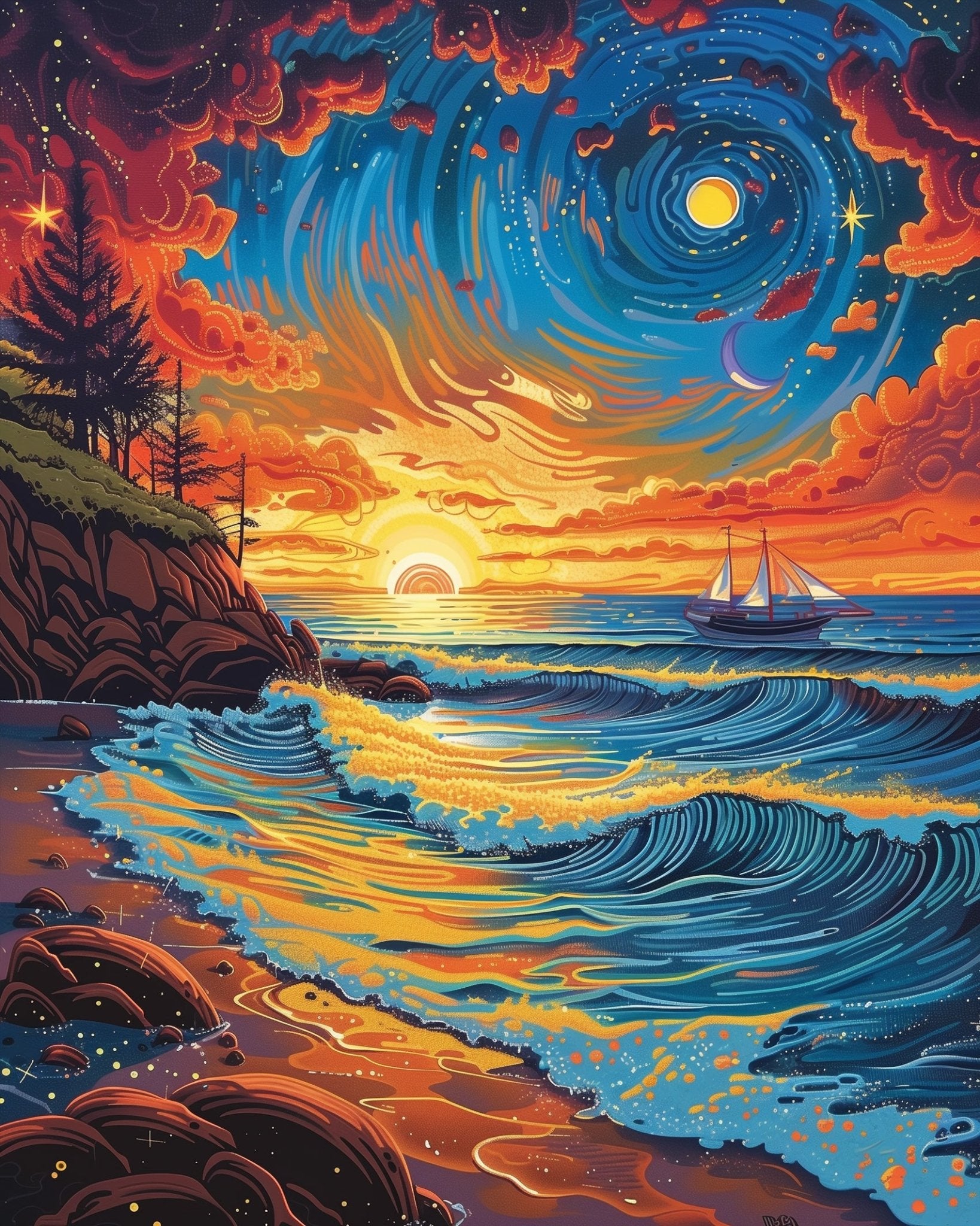 Starry Coastal Evening - Sea Landscape - BestPaintByNumbers - Paint by Numbers Custom Kit