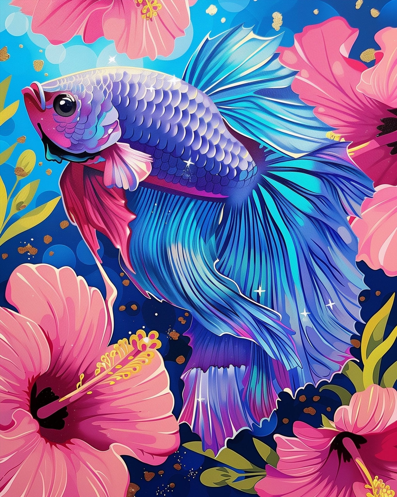 Fixed kit, 24 colors, 12x16in. Capture a vibrant betta amid floral beauty. A relaxing and meditative art experience.