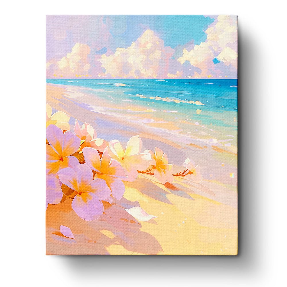 Fixed paint by numbers kit, 24 colors, 16x20in. Dreamy beach with blossoms. Calming and creative activity.