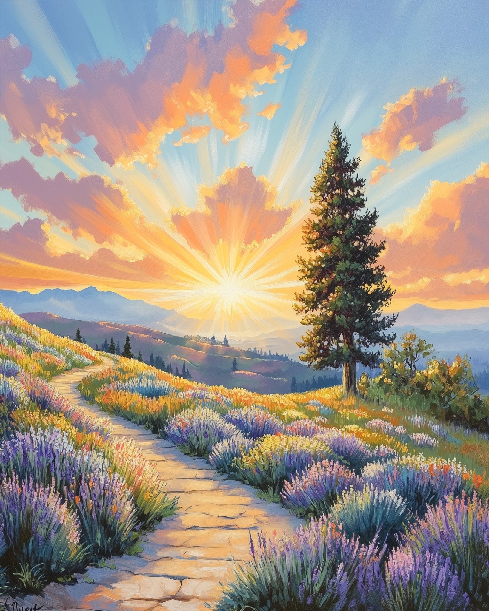 Sunlit Pathway through Lavender Fields - Landscape - BestPaintByNumbers - Paint by Numbers Custom Kit
