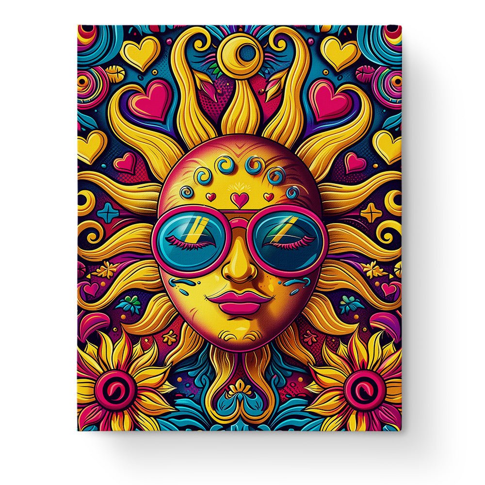 Fixed kit, 24 colors, 16x20in. Bright sun mandala with bold patterns. Ideal for relaxation and mindfulness.