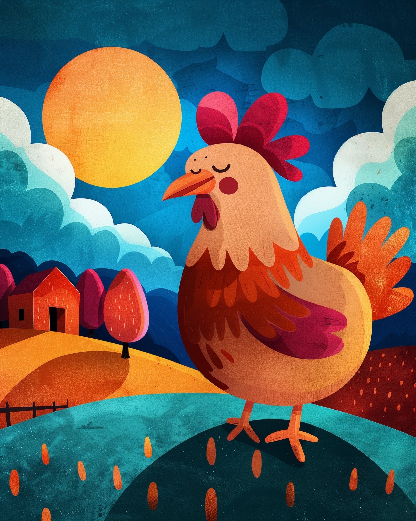 Fixed paint by numbers kit, 24 colors, 12x16in. Rooster under bright sun. Encourages mindfulness and fun for kids.