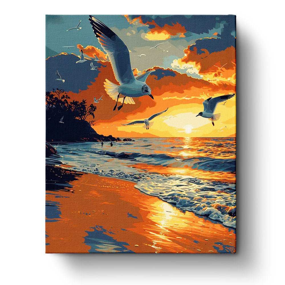 Fixed paint by numbers kit, 24 colors, 16x20in. Seagulls at sunset beach. Perfect for relaxation and creativity.