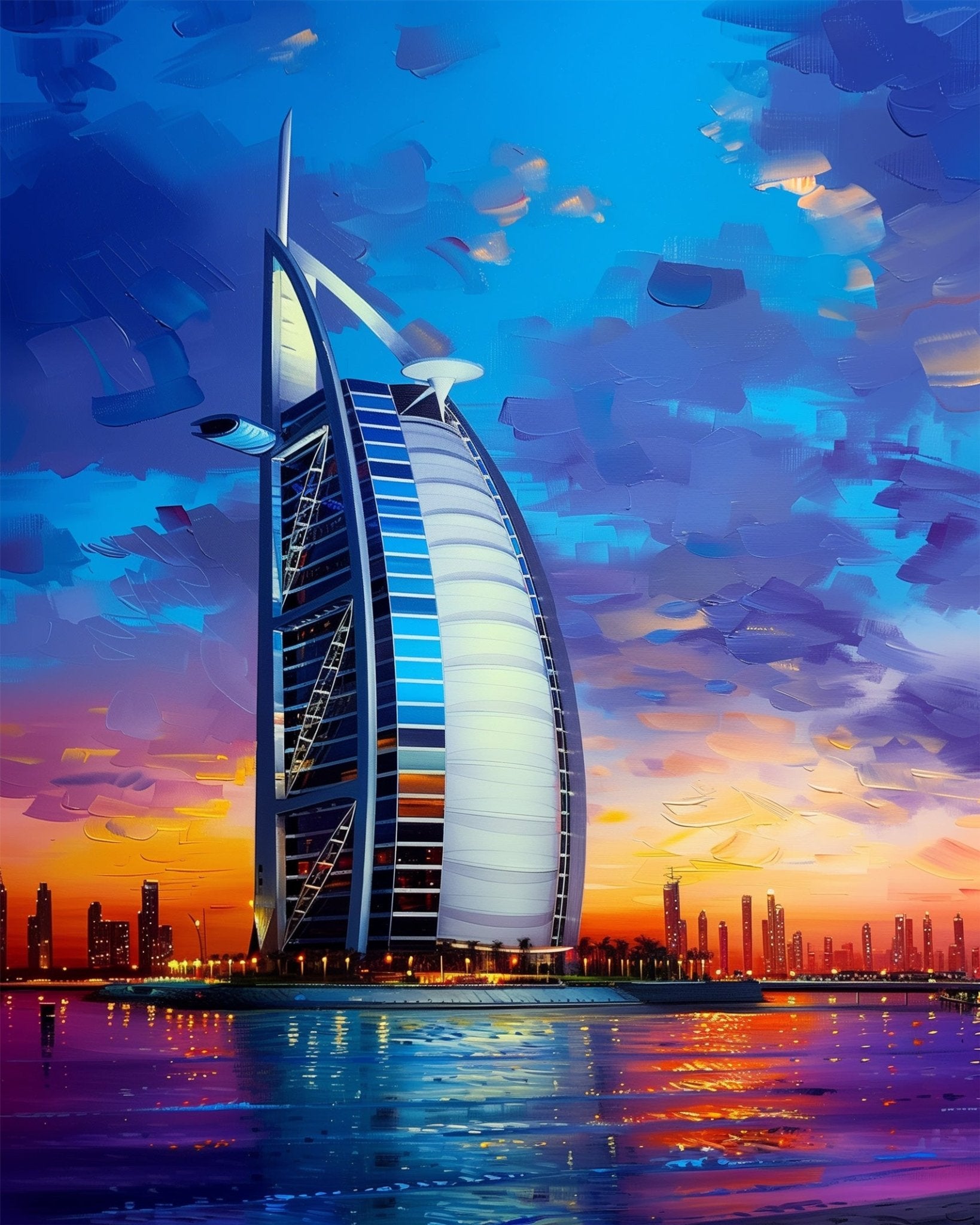 Vivid sunset scene at Burj Al Arab, 24 colors in 16x20in size. BestPaintByNumbers offers a mindful artistic experience.