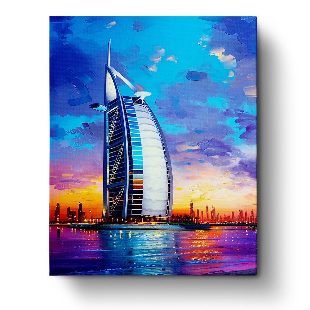 Fixed paint by numbers kit with 24 colors, depicting a vibrant sunset over Burj Al Arab. Perfect for stress relief and creativity.
