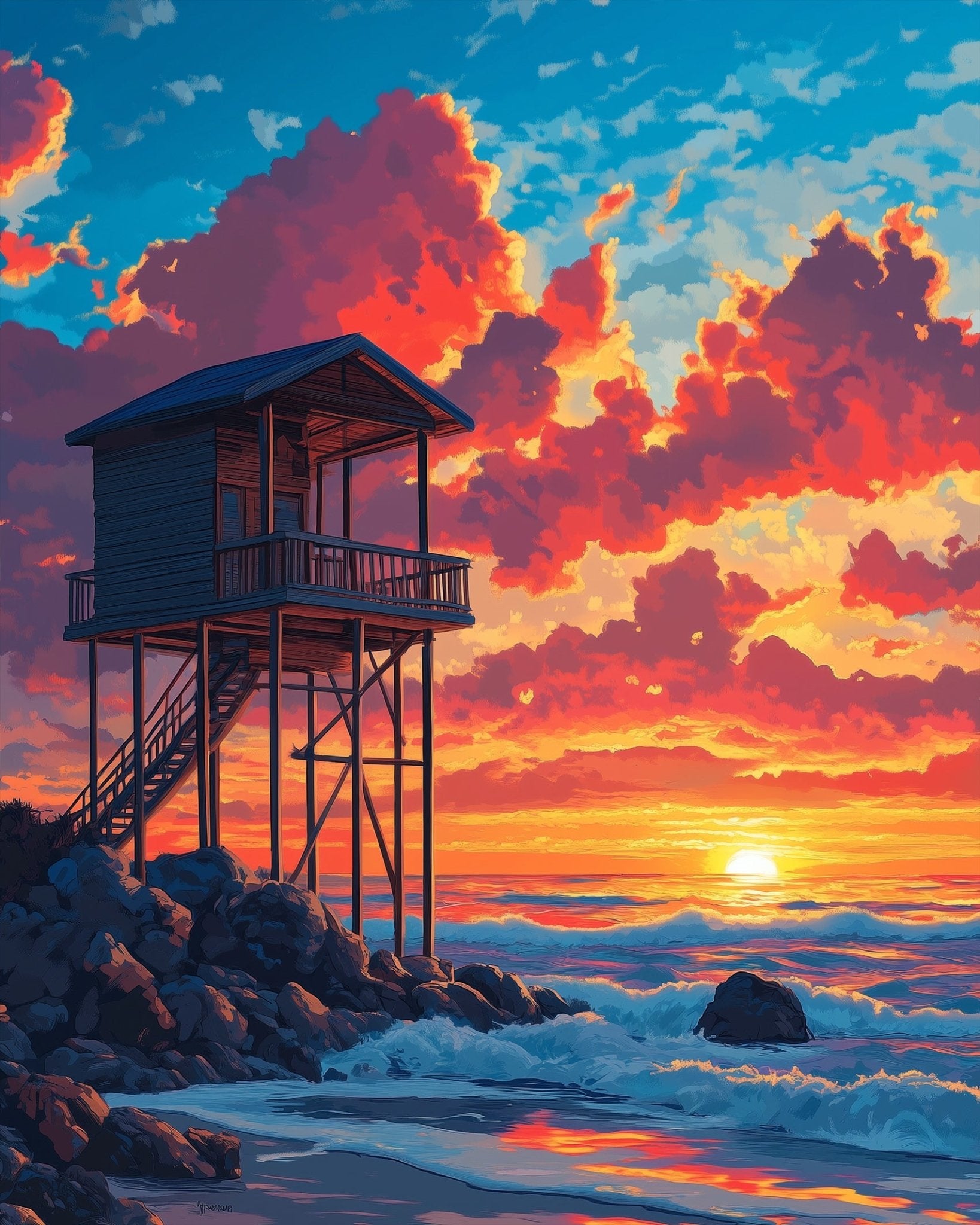 Sunset Beach House - Lo - Fi - BestPaintByNumbers - Paint by Numbers Custom Kit
