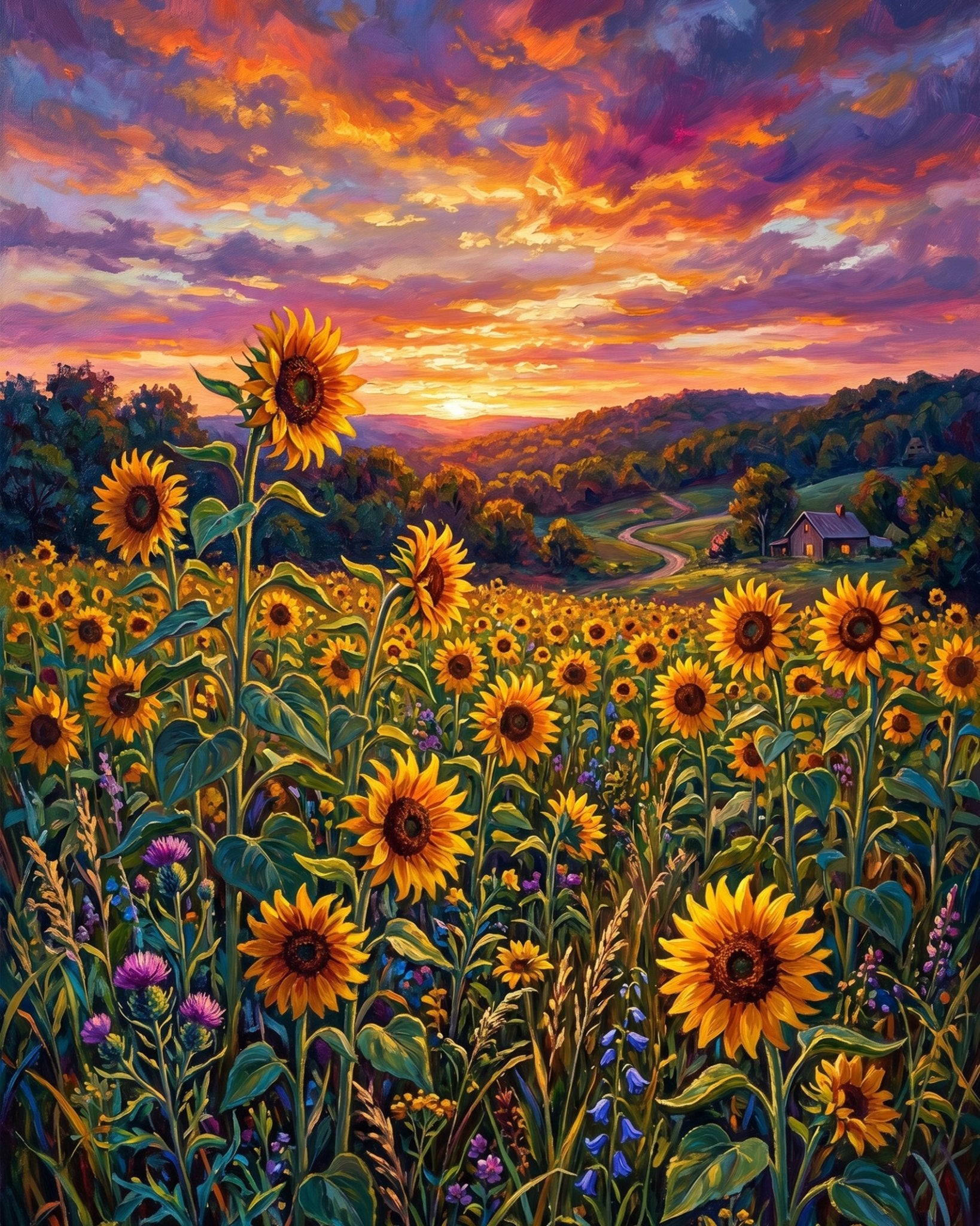 Sunset Over Sunflower Field - Landscape - BestPaintByNumbers - Paint by Numbers Custom Kit