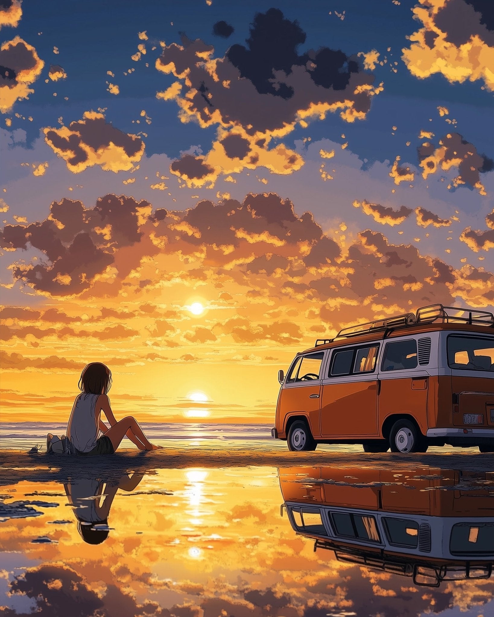 Sunset Reflection & Van Escape - Lo - Fi - BestPaintByNumbers - Paint by Numbers Custom Kit