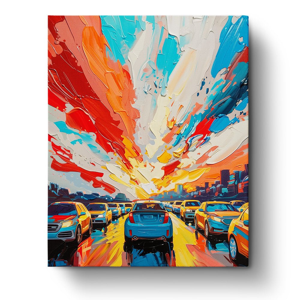 Fixed paint by numbers kit, 24 colors, 16x20in. Dynamic sunset over city traffic. Experience calming creativity.