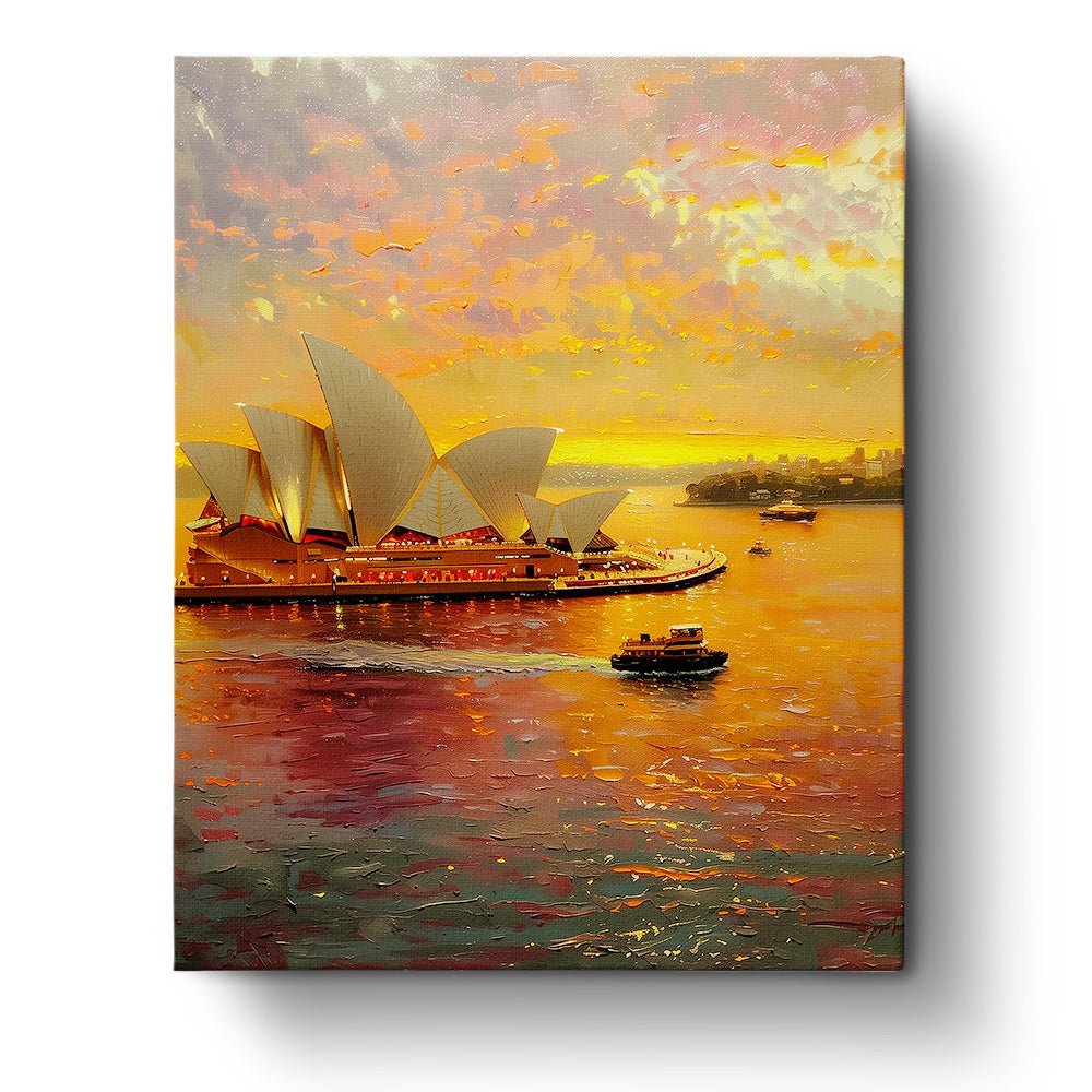 Fixed paint by numbers, 24 colors, 16x20in. Sydney Opera House at sunset. Perfect for relaxation and creativity.
