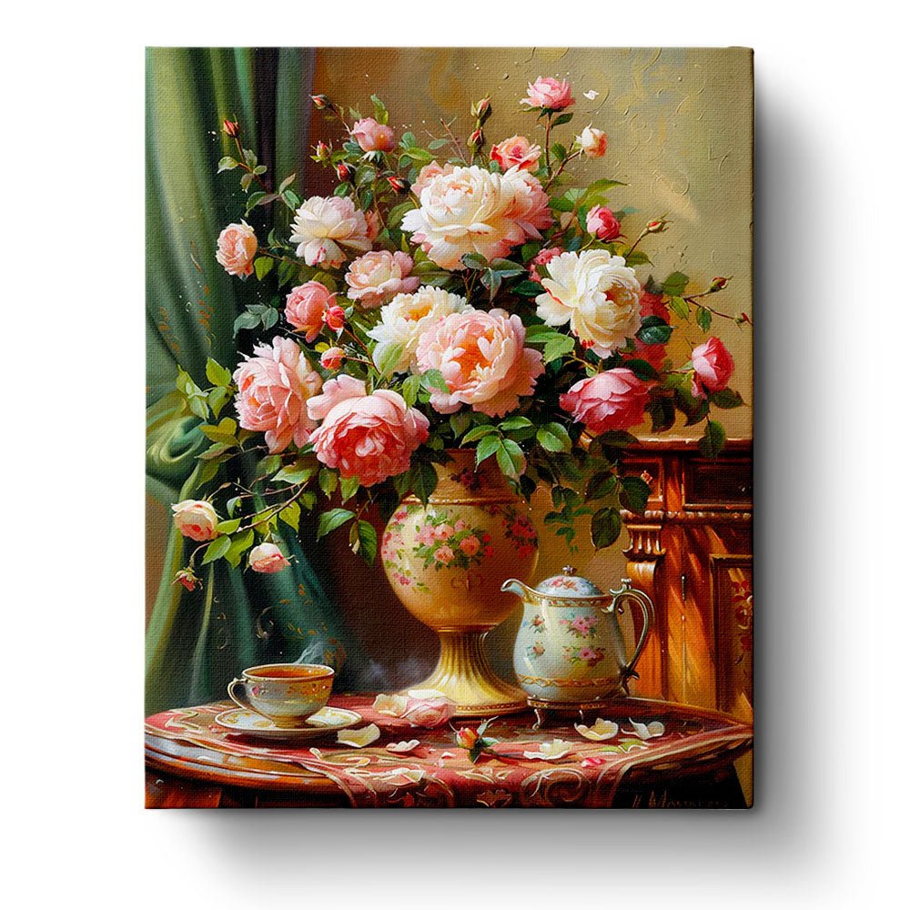 Fixed kit, 24 colors, 16x20in. Vase of roses with tea. A calming painting for relaxation.