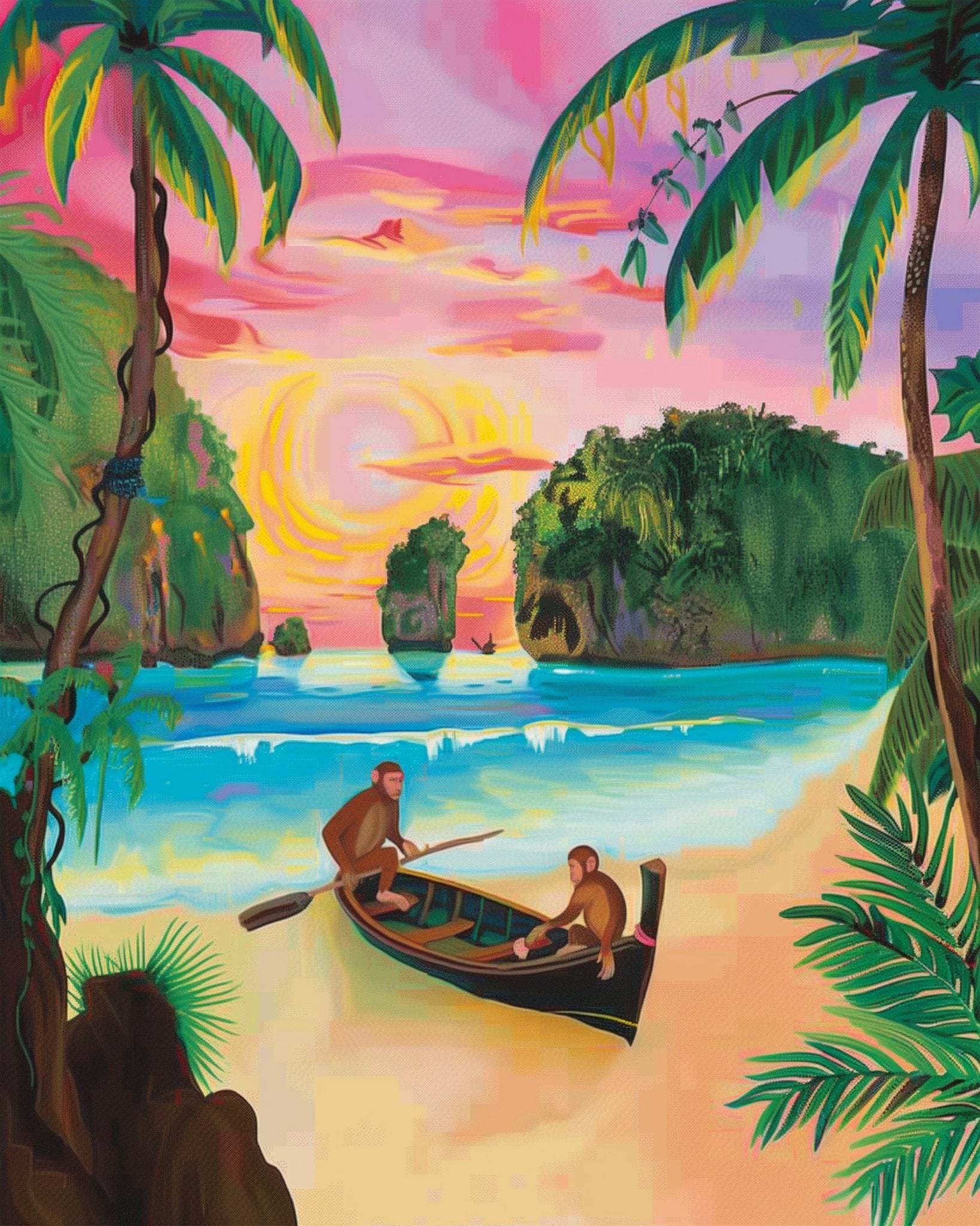 Fixed paint-by-number kit, 24 colors, 12x16in. Tropical beach with vibrant colors. A mindful and stress-relieving activity.