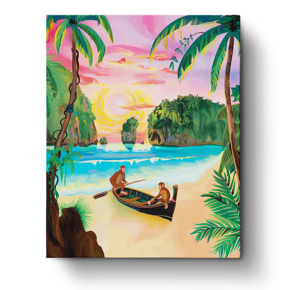 Fixed kit, 24 colors, 16x20in. Serene beach sunset with monkeys in a boat. Perfect for relaxation.