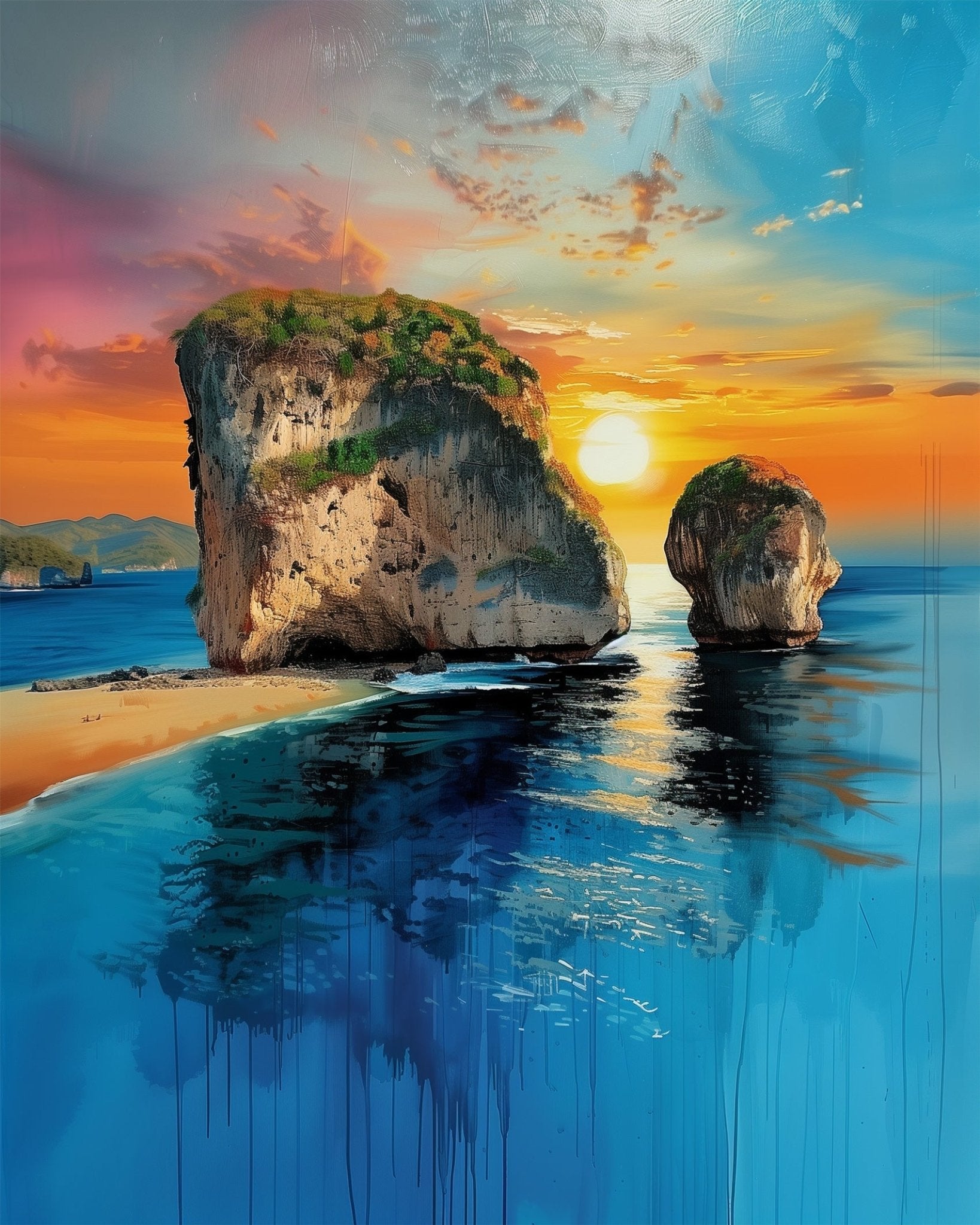 Fixed kit, 24 colors, 16x20in. Thailand beach sunset, vibrant hues. Ideal for stress relief and relaxation.