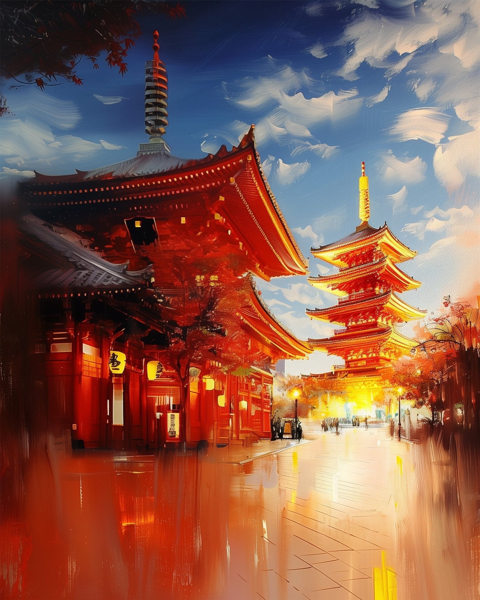 Fixed kit, 24 colors, 12x16in. Illuminate your space with twilight pagoda art. Ideal for mindfulness and relaxation.