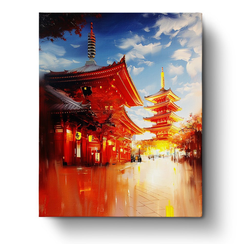 Fixed paint-by-number kit, 24 colors, 16x20in. Twilight at Japanese pagoda with vibrant colors for stress relief.