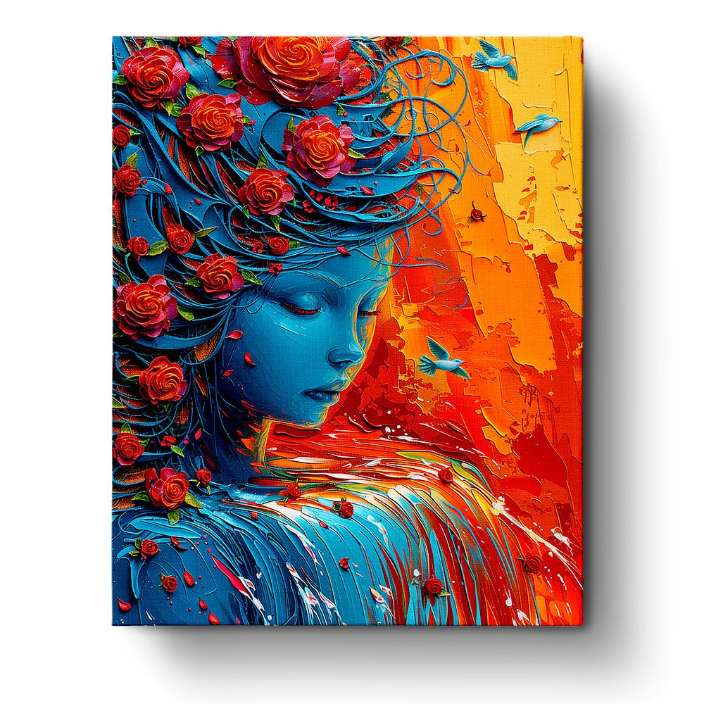 Fixed paint by number kit, 24 colors, 16x20in. Serene blue figure and roses capture mindfulness. BestPaintByNumbers.