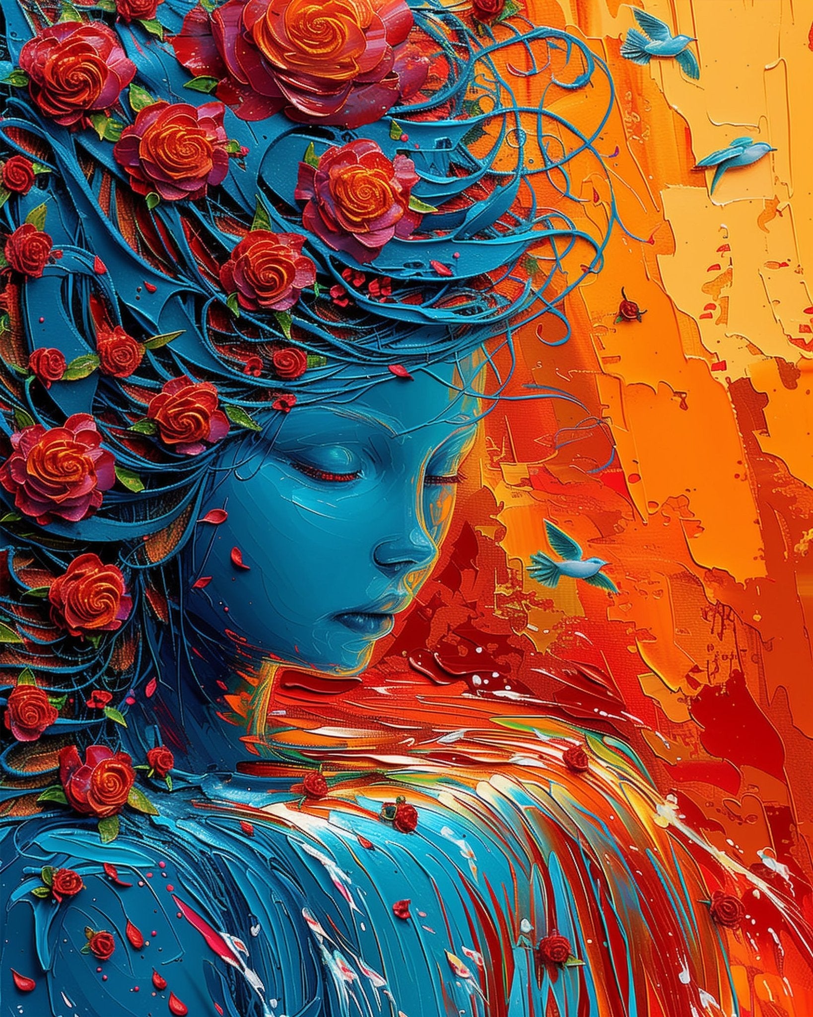 Fixed kit, 24 colors, 12x16in. Artistic blue figure with vibrant roses. Ideal for stress relief. BestPaintByNumbers.