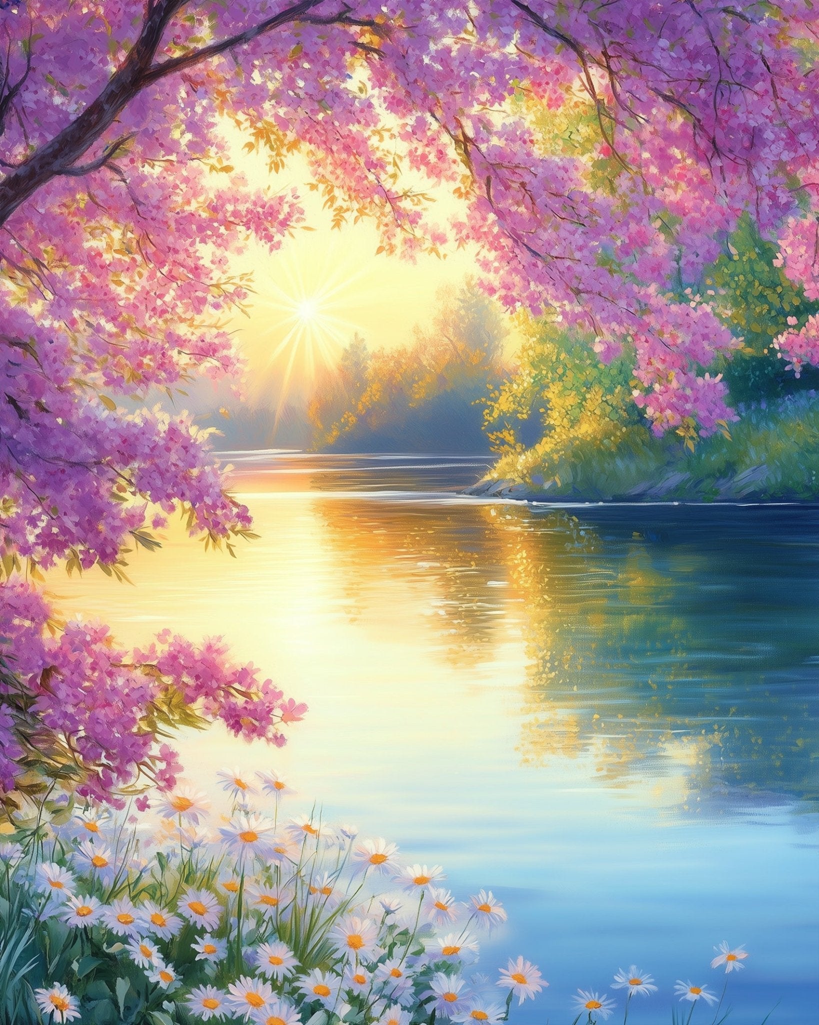 Tranquil Cherry Blossom River - Landscape - BestPaintByNumbers - Paint by Numbers Custom Kit