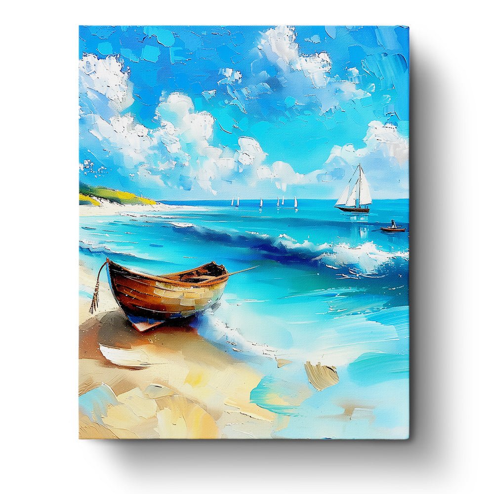 Fixed paint by numbers kit, 24 colors, 16x20in. Calm beach scene with boats. Perfect for relaxation and creativity.