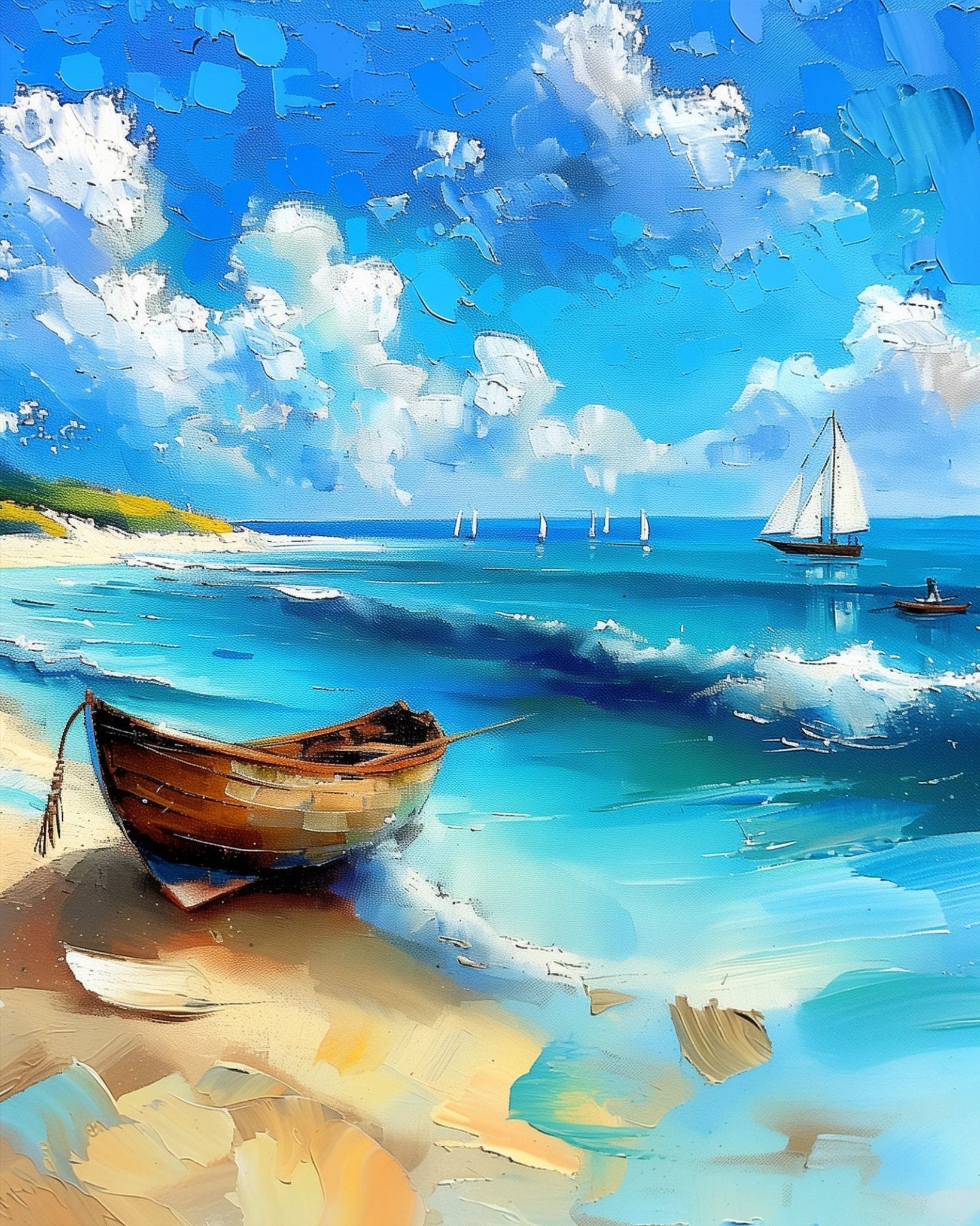 Fixed kit, 24 colors, 12x16in. Serene beach and sailboat scene. Ideal for mindfulness and art lovers.