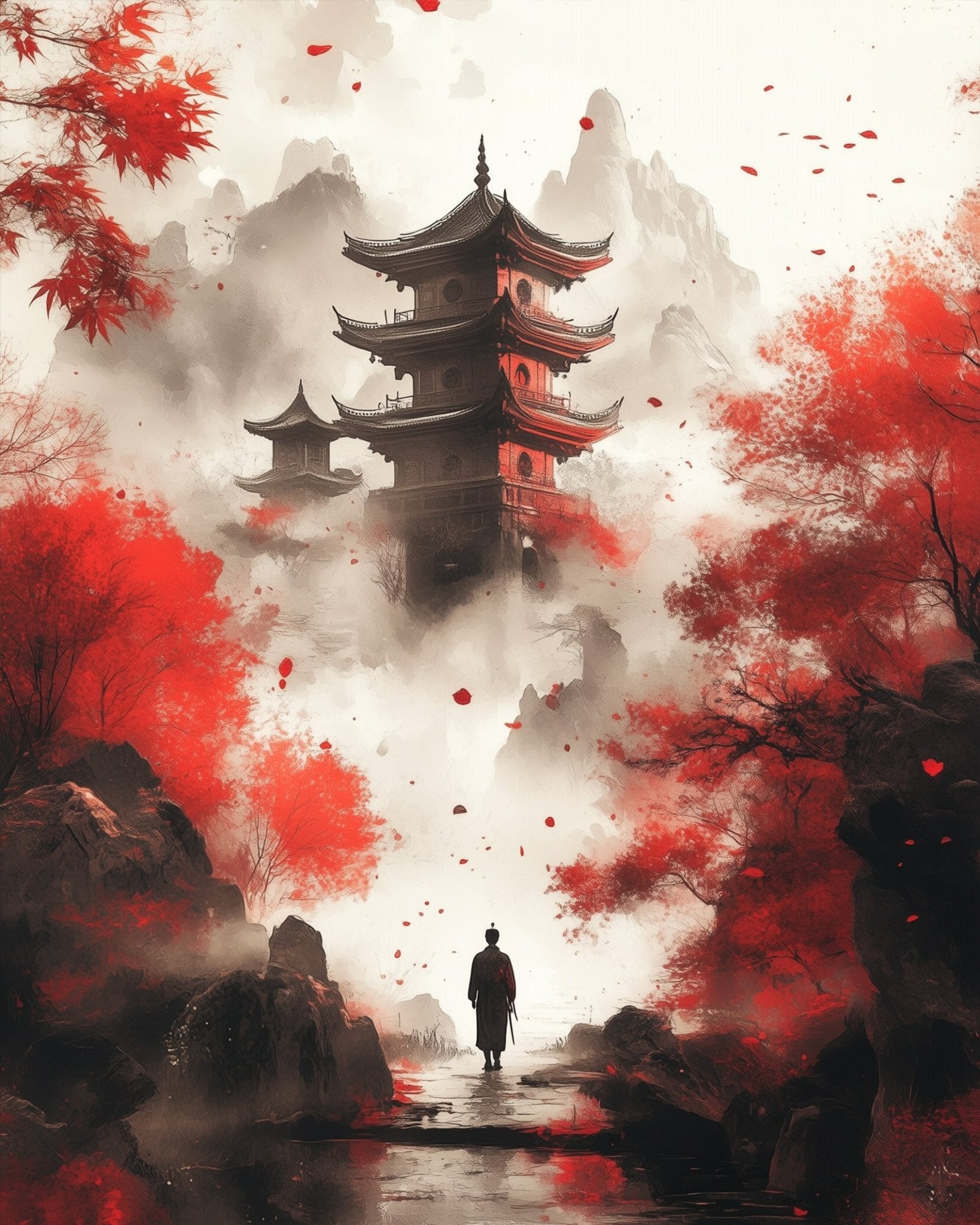 Tranquil Pagoda in Autumn Mist - Asian Art - BestPaintByNumbers - Paint by Numbers Custom Kit
