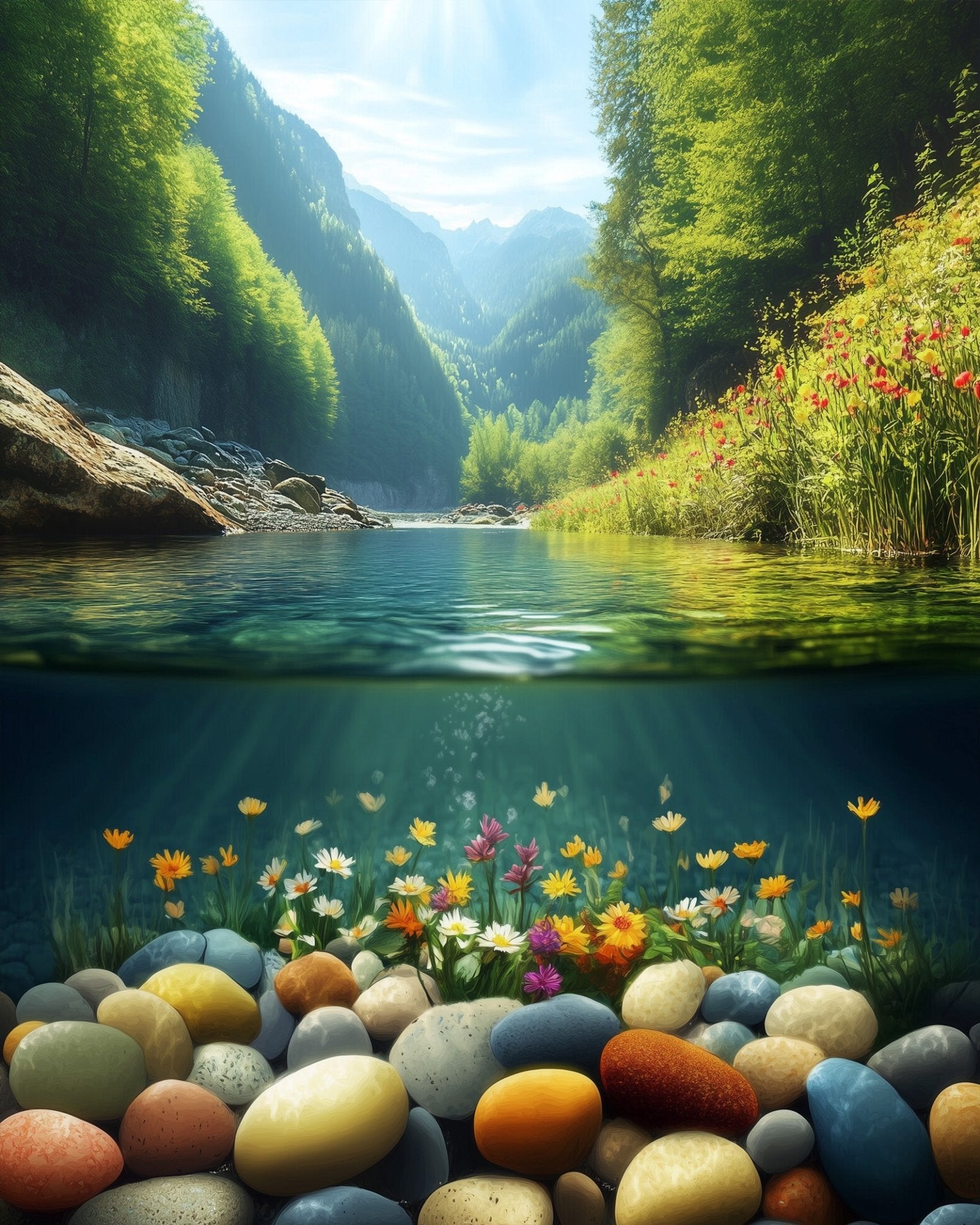 Tranquil River and Mountain Scene - Landscape - BestPaintByNumbers - Paint by Numbers Custom Kit