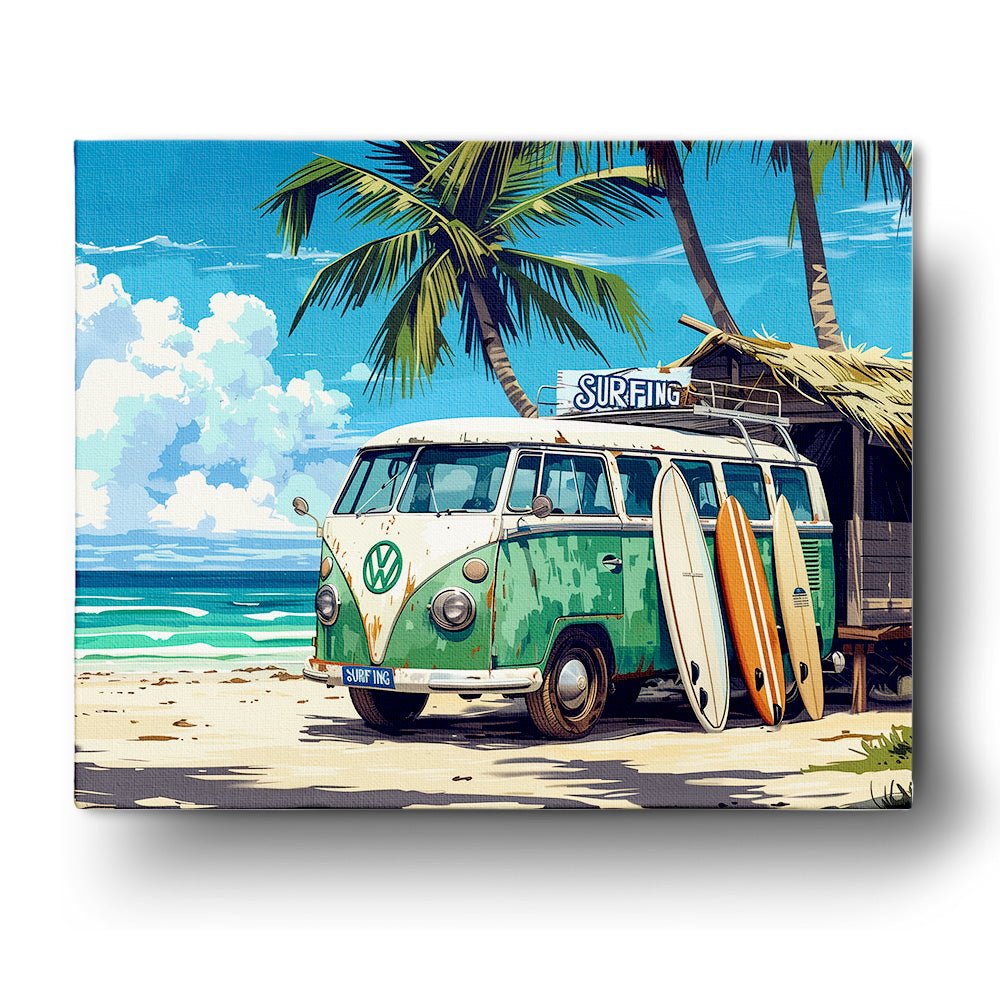 Fixed paint by numbers kit, 24 colors, 16x20in. Vibrant beach with van and surfboards. Perfect for relaxing painting.