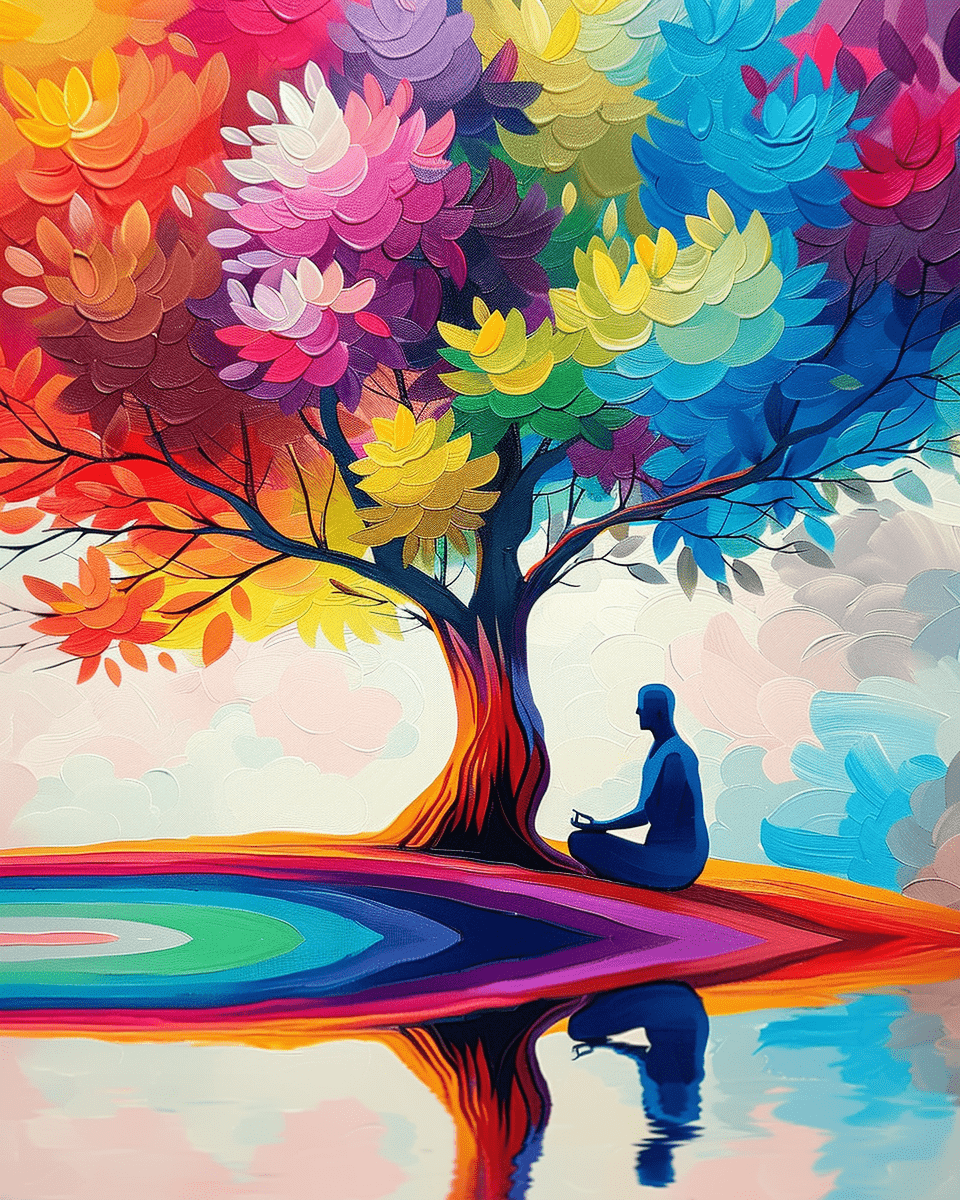 Fixed paint-by-number kit, 24 colors, 16x20in. Colorful tree and meditating figure for stress relief.