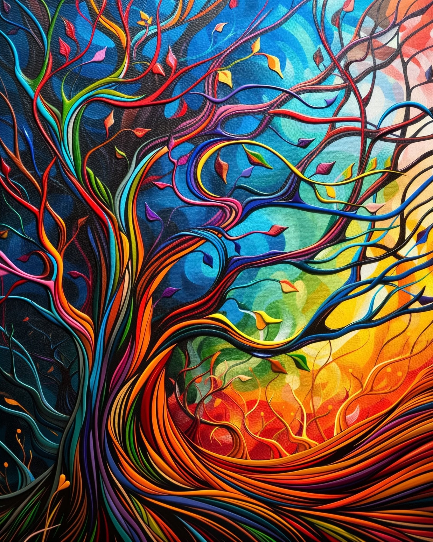 Fixed kit, 24 colors, 12x16in. Energetic tree in bold hues. Ideal for relaxation and creativity.