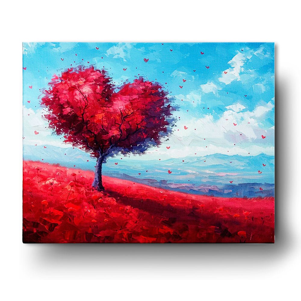 Fixed paint by numbers kit, 24 colors, 16x20in. Heart-shaped tree on a red field. Perfect relaxation activity.