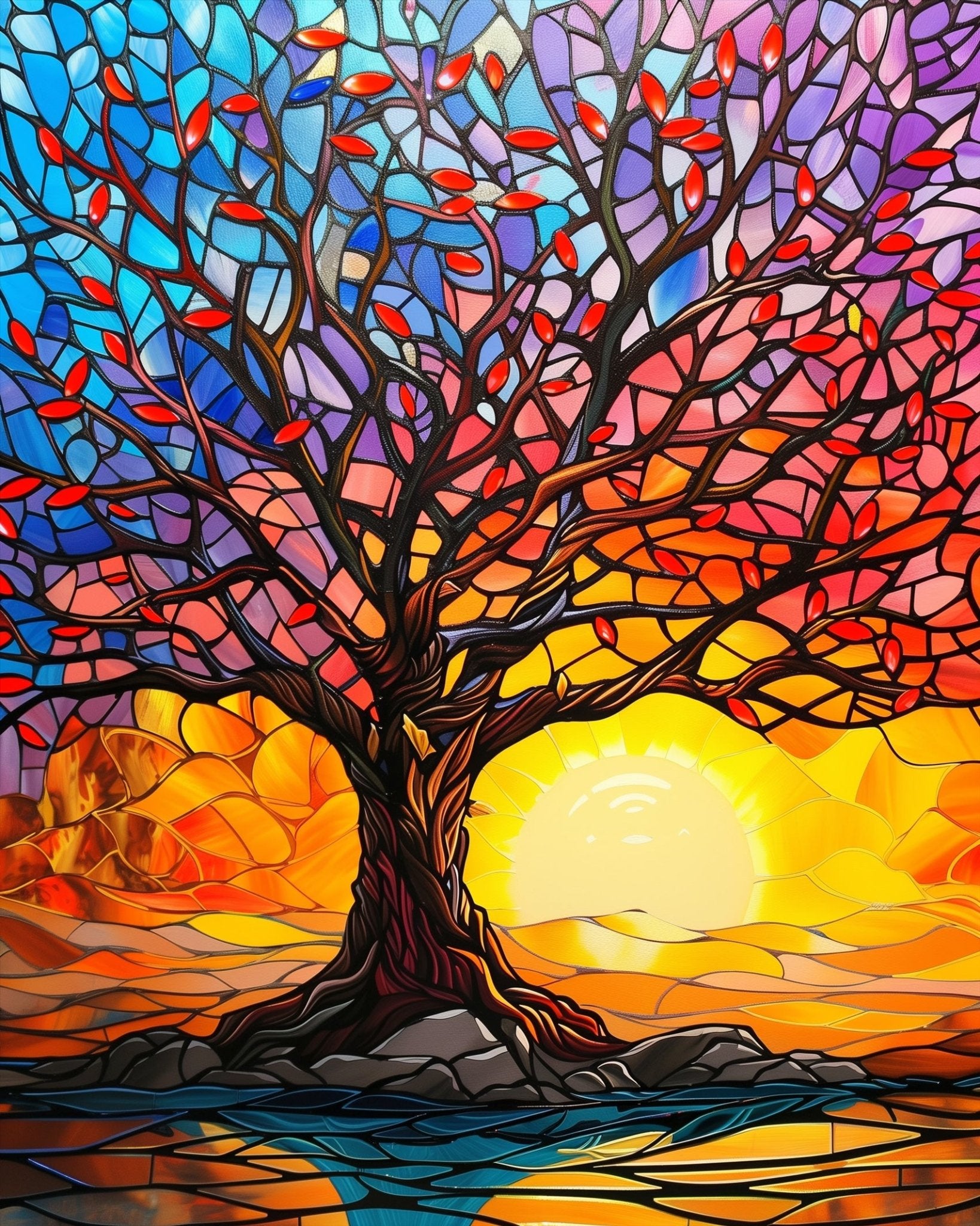 Fixed kit, 24 colors, 12x16in. Colorful tree in bold patterns. Perfect for stress relief and creativity. BestPaintByNumbers.