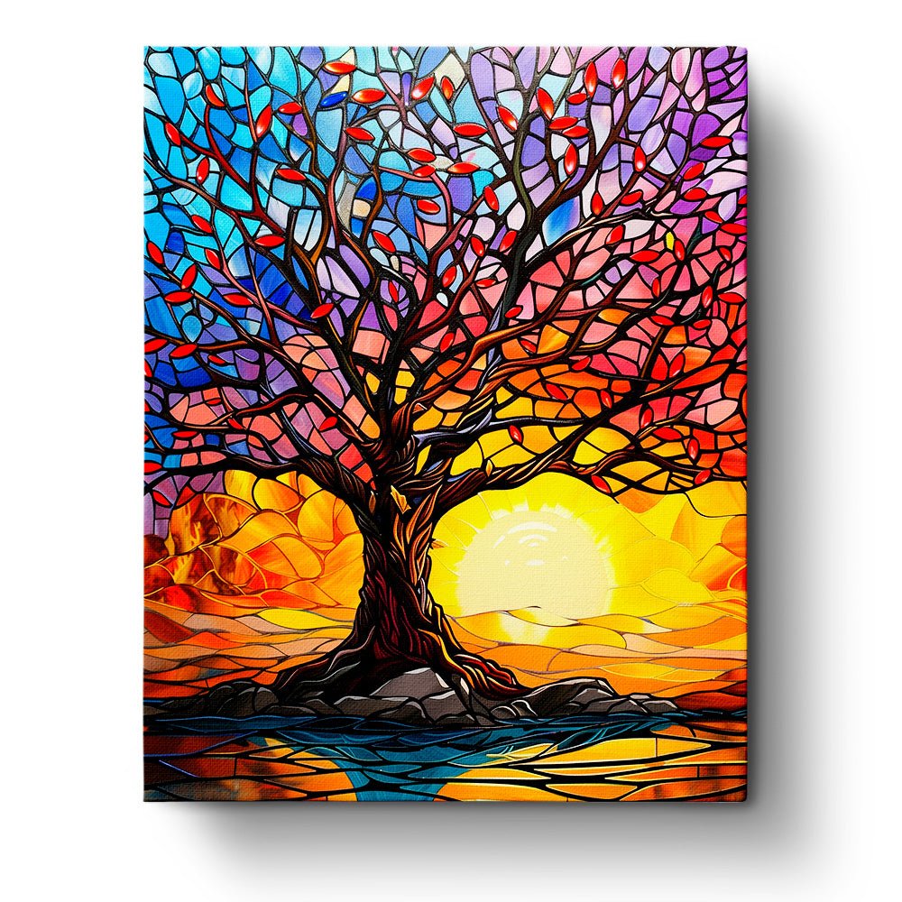 Fixed paint by number kit, 24 colors, 16x20in. Radiant tree with sunset hues. Mindful and relaxing painting experience.