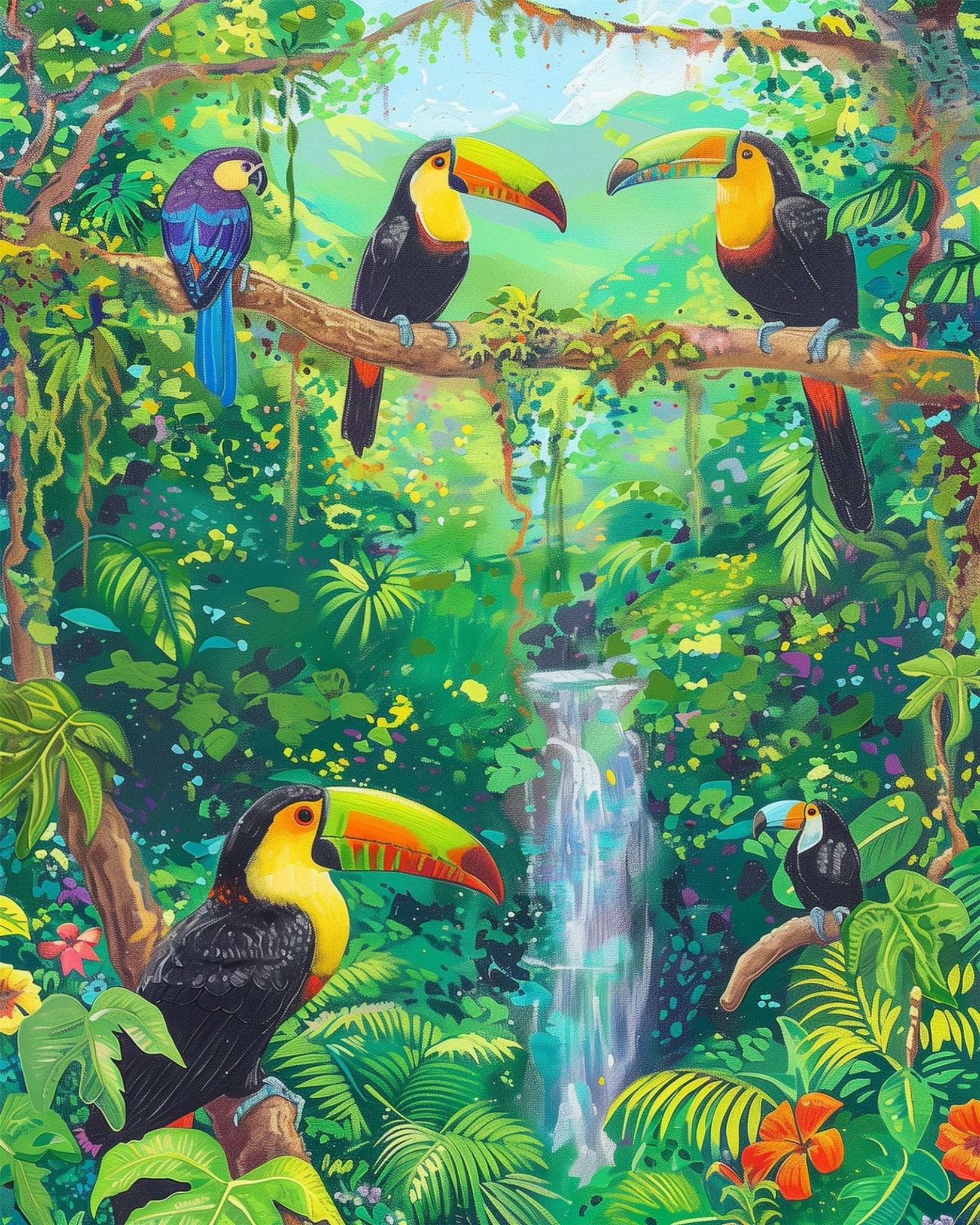 Fixed paint by numbers, tropical scene with toucans. Bold colors provide a relaxing creative escape. BestPaintByNumbers.