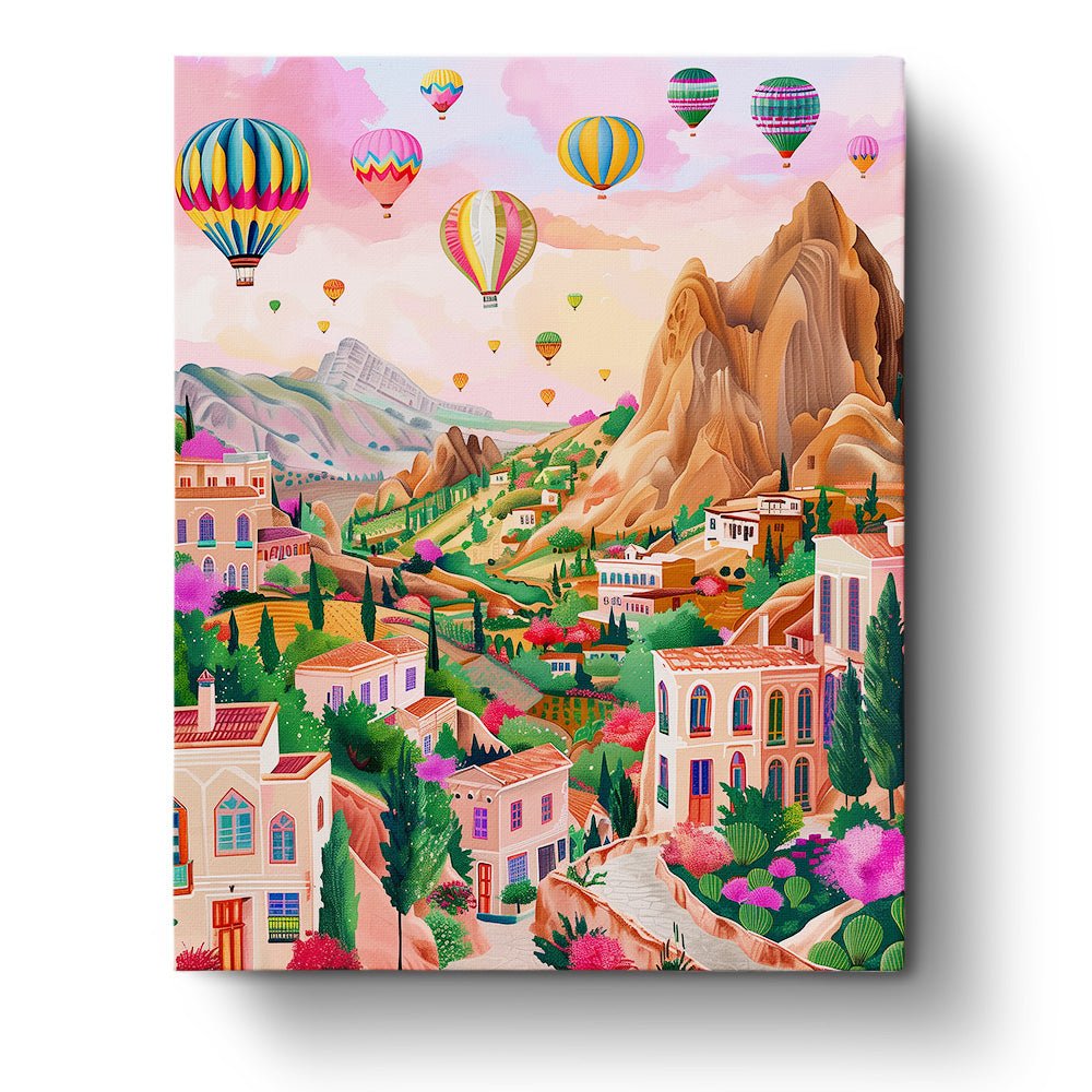 Fixed paint by numbers kit, 24 colors. Turkish village with hot air balloons. A mindful creative journey.