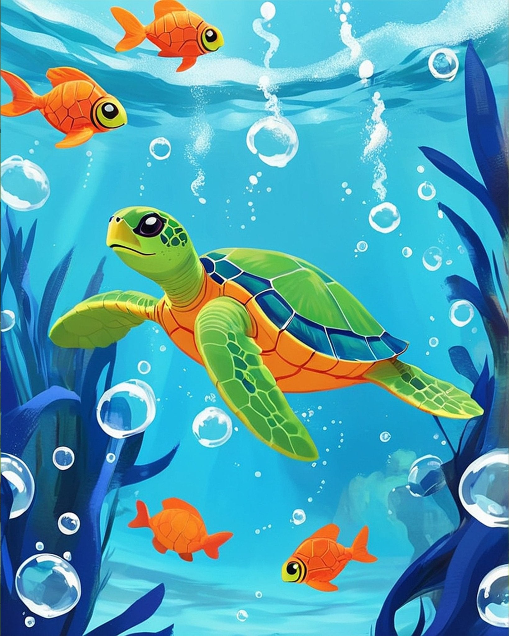 Fixed kit, 24 colors, 12x16in. Dive into a vibrant underwater scene with turtles. Ideal for relaxation and fun.